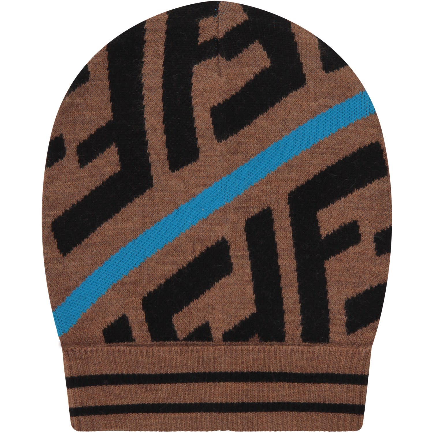 Fendi Fendi Brown Kids Beanie Hat With Ff And Blue Stripes - Brown ...