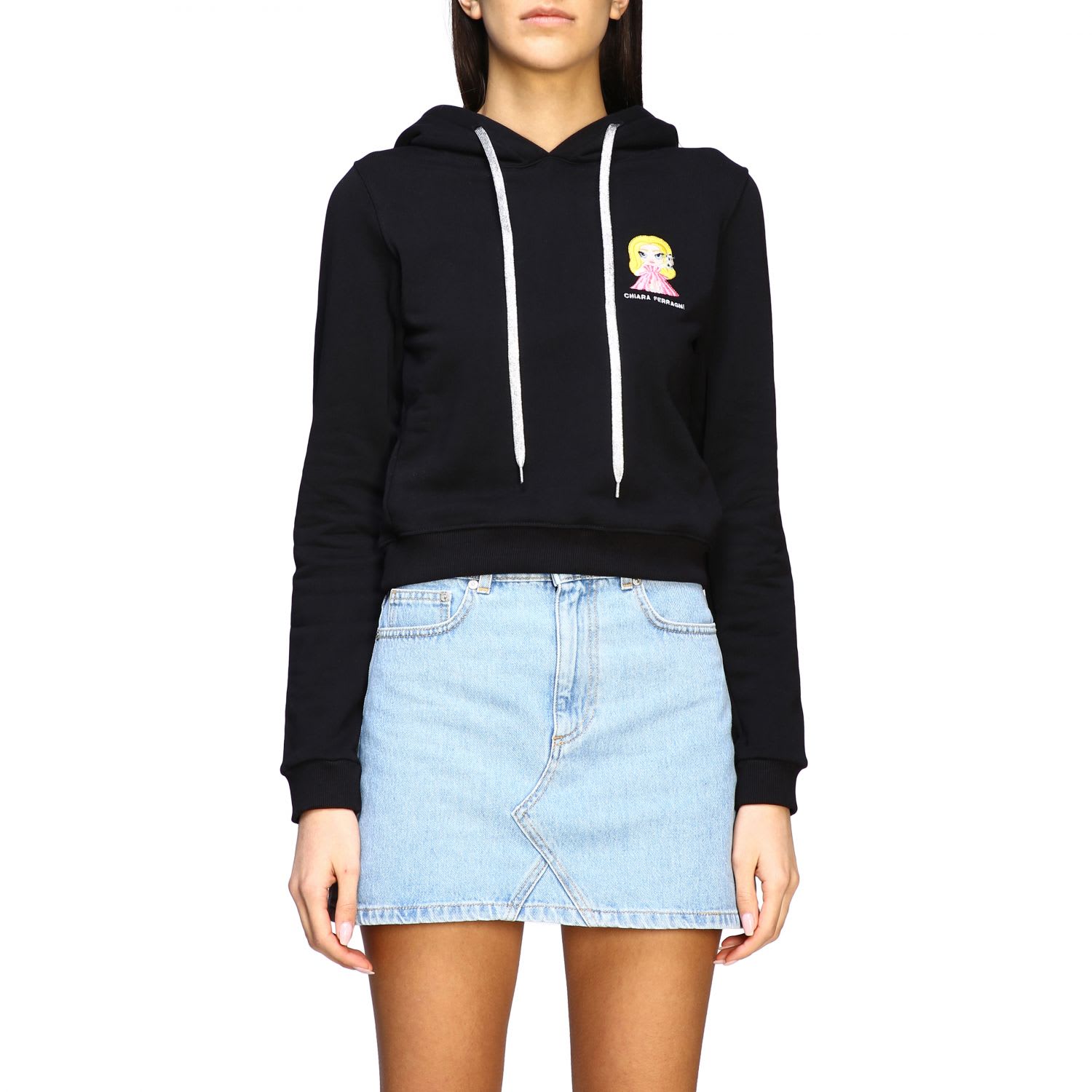 Chiara Ferragni Cropped Sweatshirt With Hood And Mascot Embroidery In Black