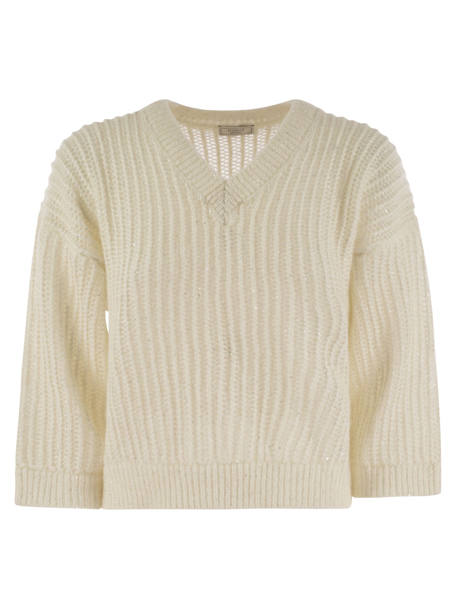 Shop Peserico Tricot Sweater With Micropaillettes In White