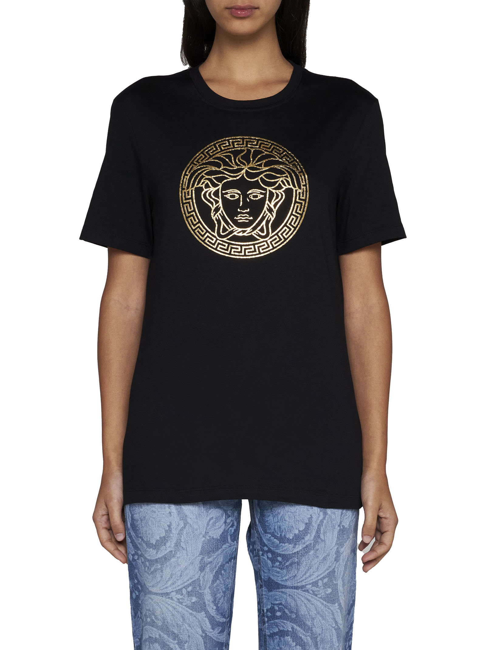 Shop Versace T-shirt In Black Gold