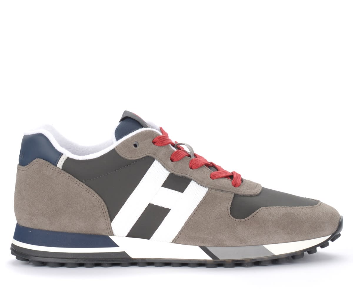 Hogan H383 Sneaker In Taupe And Blue Suede