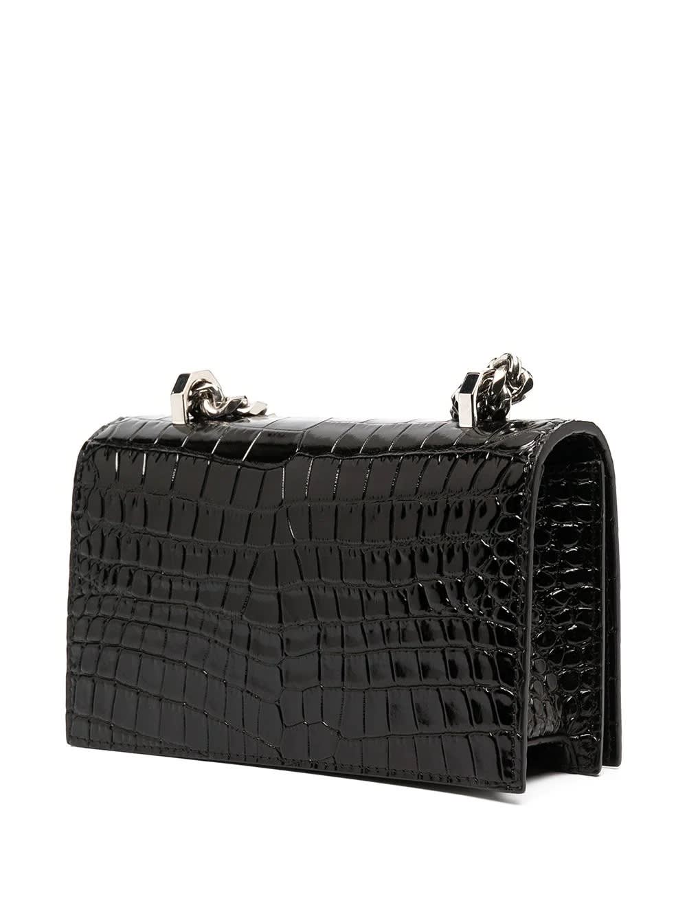 Shop Alexander Mcqueen Black And Silver Mini Jeweled Satchel Bag In Crocodile Embossed Leather