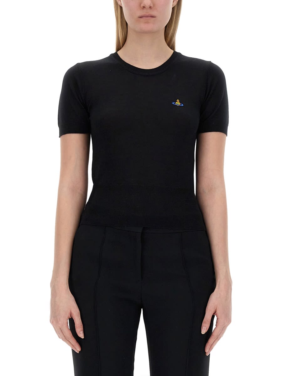 Vivienne Westwood Orb Embroidered Short-sleeved Knit Top In Black