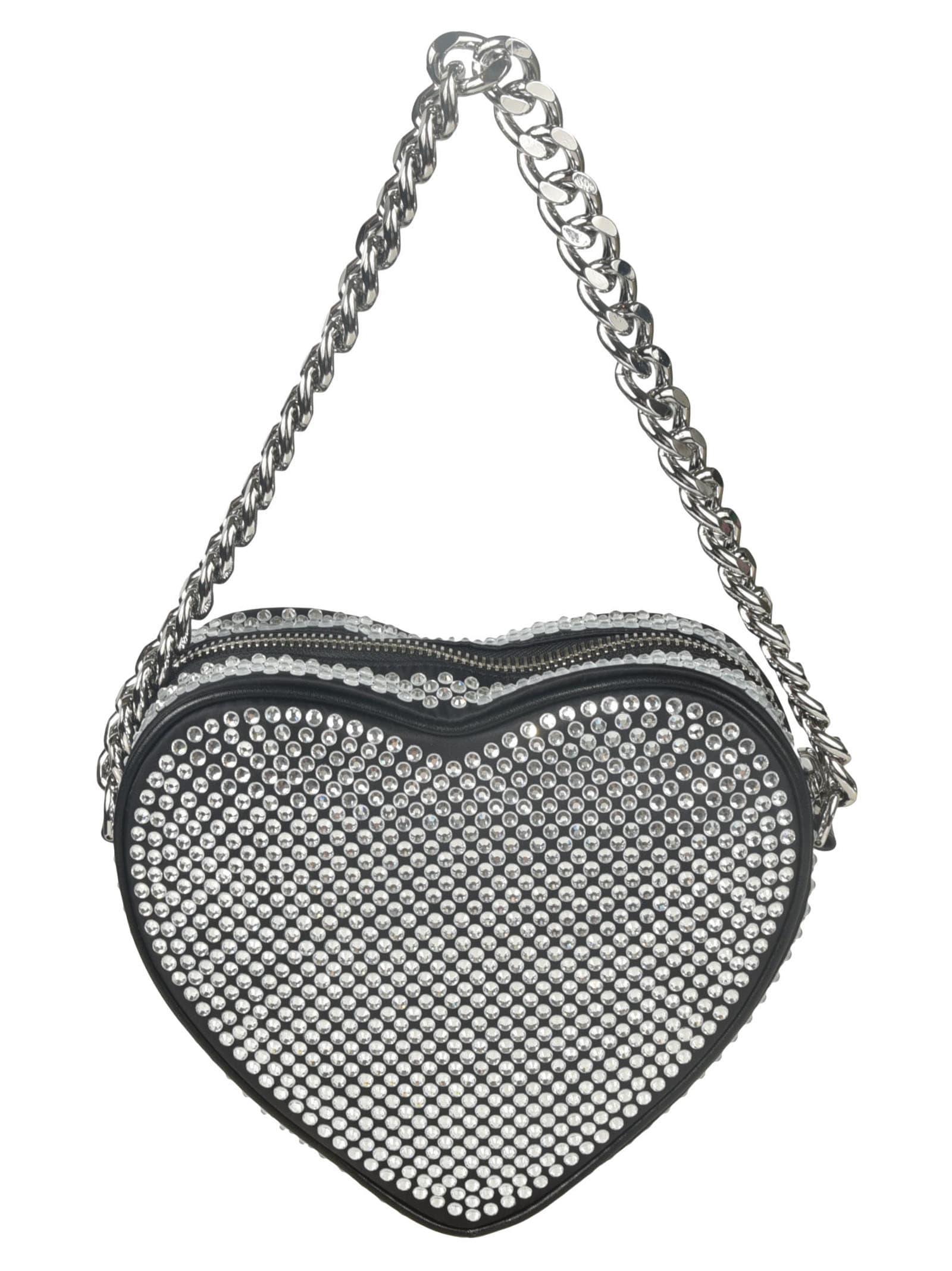 Shop Moschino Heart Embellished Chain Shoulder Bag  In Black