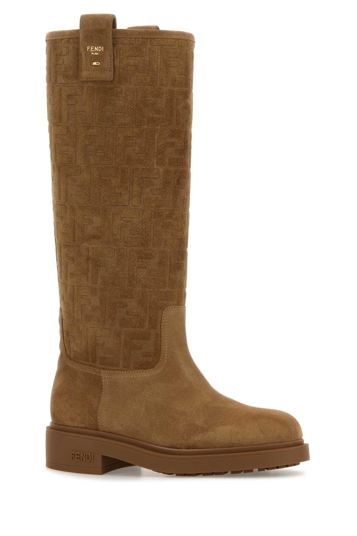 Fendi Suede Knee High Flat Sole Boots In Brown