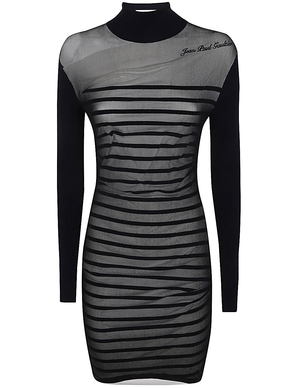 Shop Jean Paul Gaultier Ribbed Mariniere Short Dress With Mesh Layer In Navy White Black