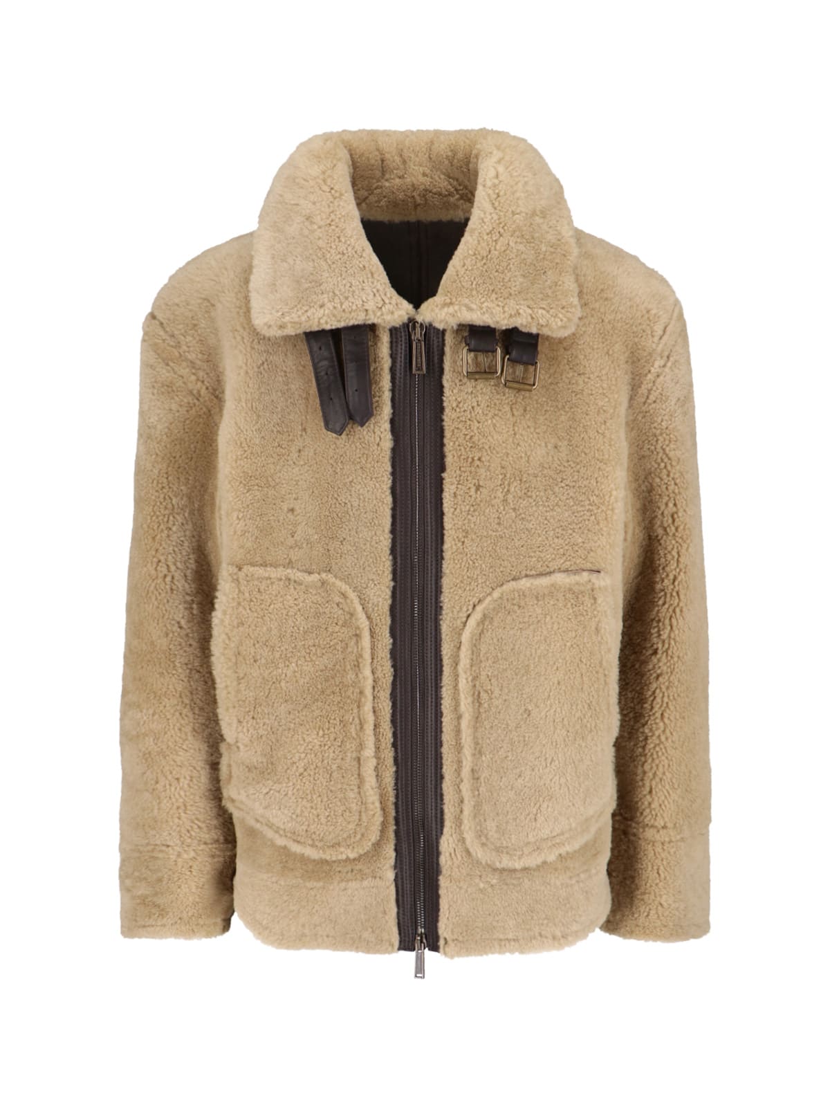 Dsquared2 Beige Shearling Jacket With High Collar In Brown