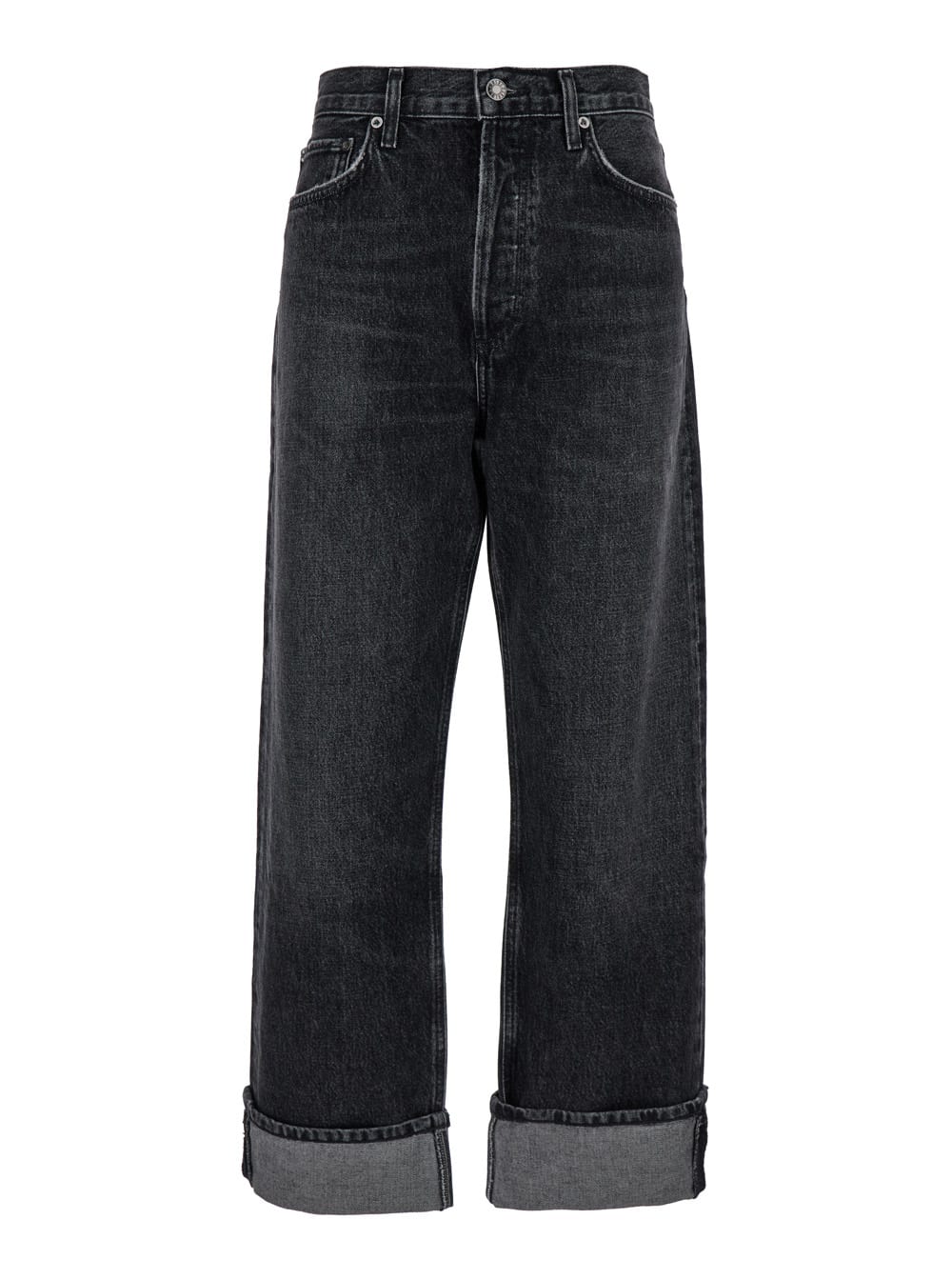 Shop Agolde Fran Black Bootcut Jeans With Cuffs In Denim Woman In Grey