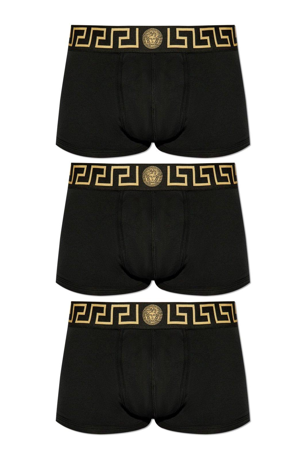 Versace Greca-border Three-pack Boxer Briefs In Black