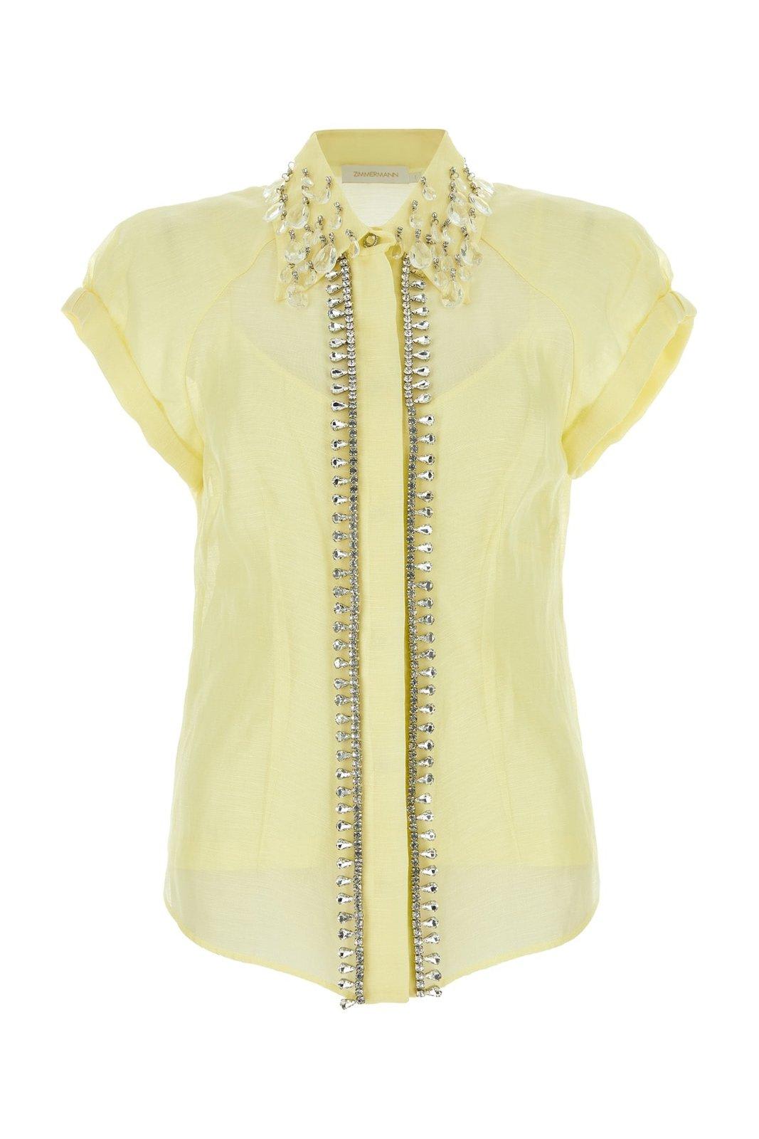 Shop Zimmermann Diamante Embellished Semi-sheer Shirt In Yellow
