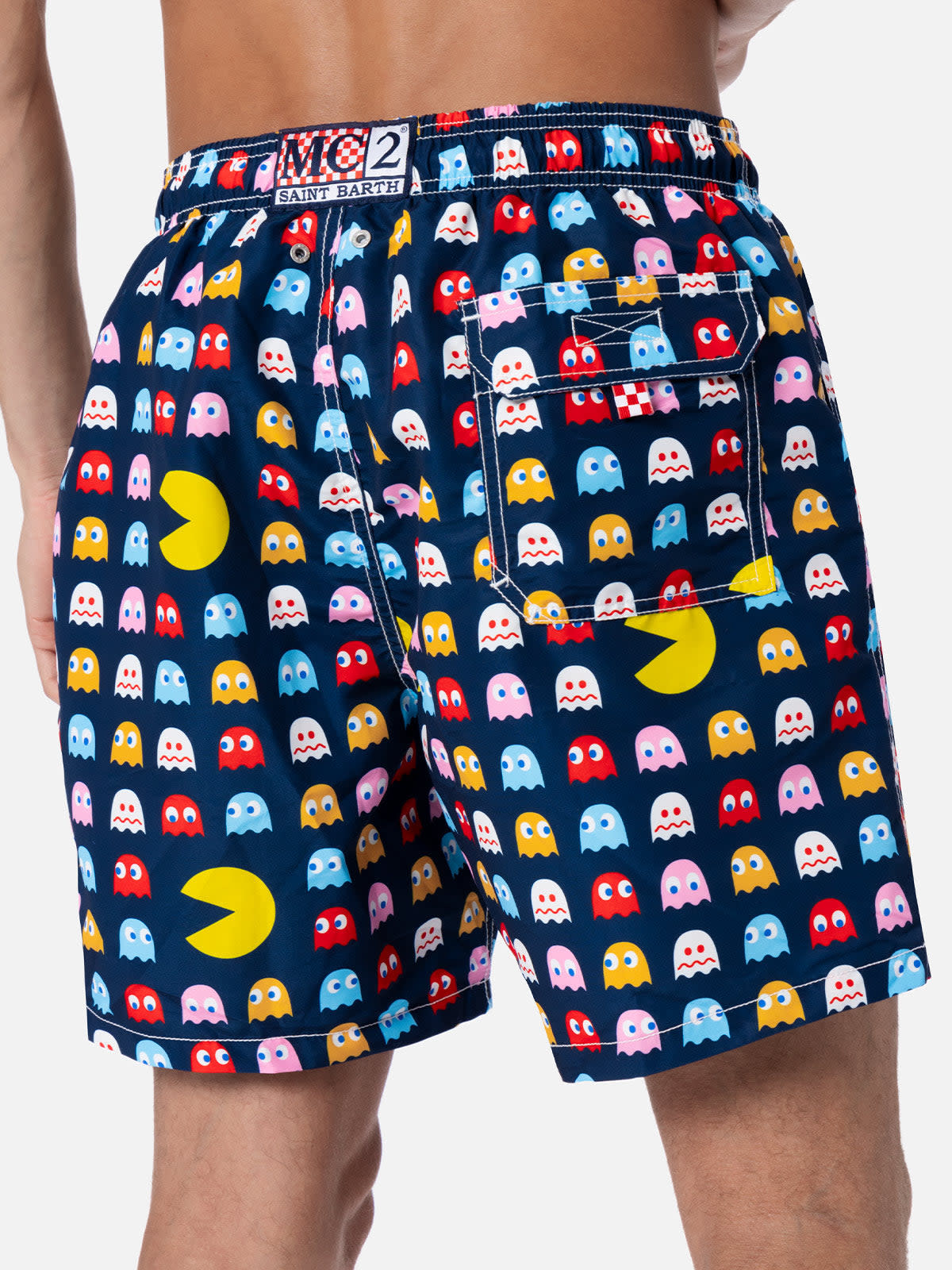 Shop Mc2 Saint Barth Man Mid-length Gustavia Swim-shorts With Pac-man Print Pac Man Special Edition In Blue