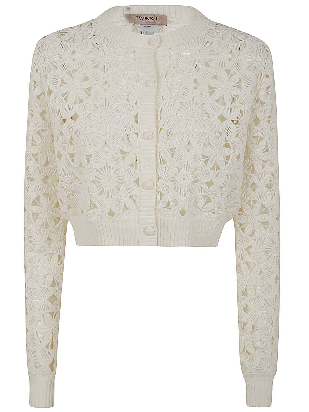 Shop Twinset Lace Micro Cardigan In Parchment