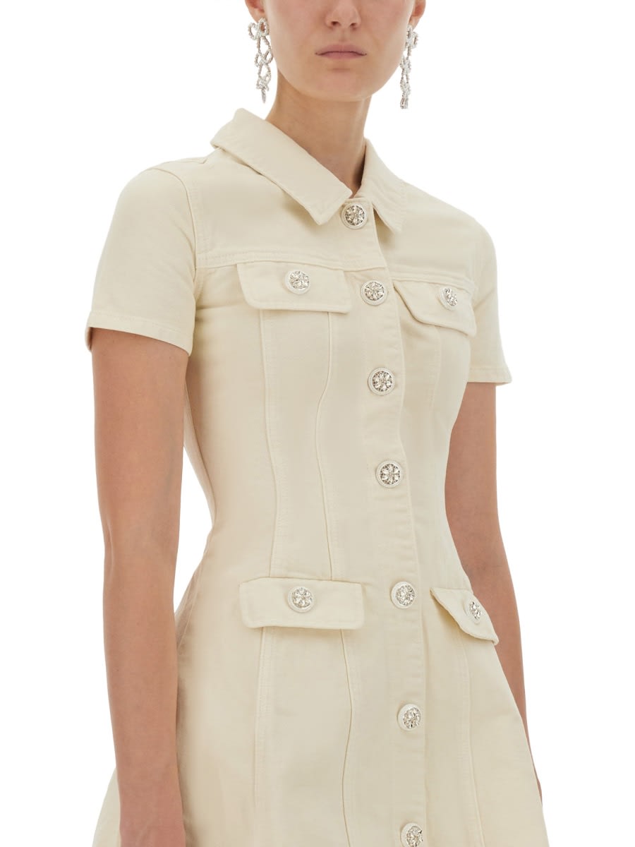 Self-portrait Structured Beige Dress With Classic Collar And Flap Pockets In Multi
