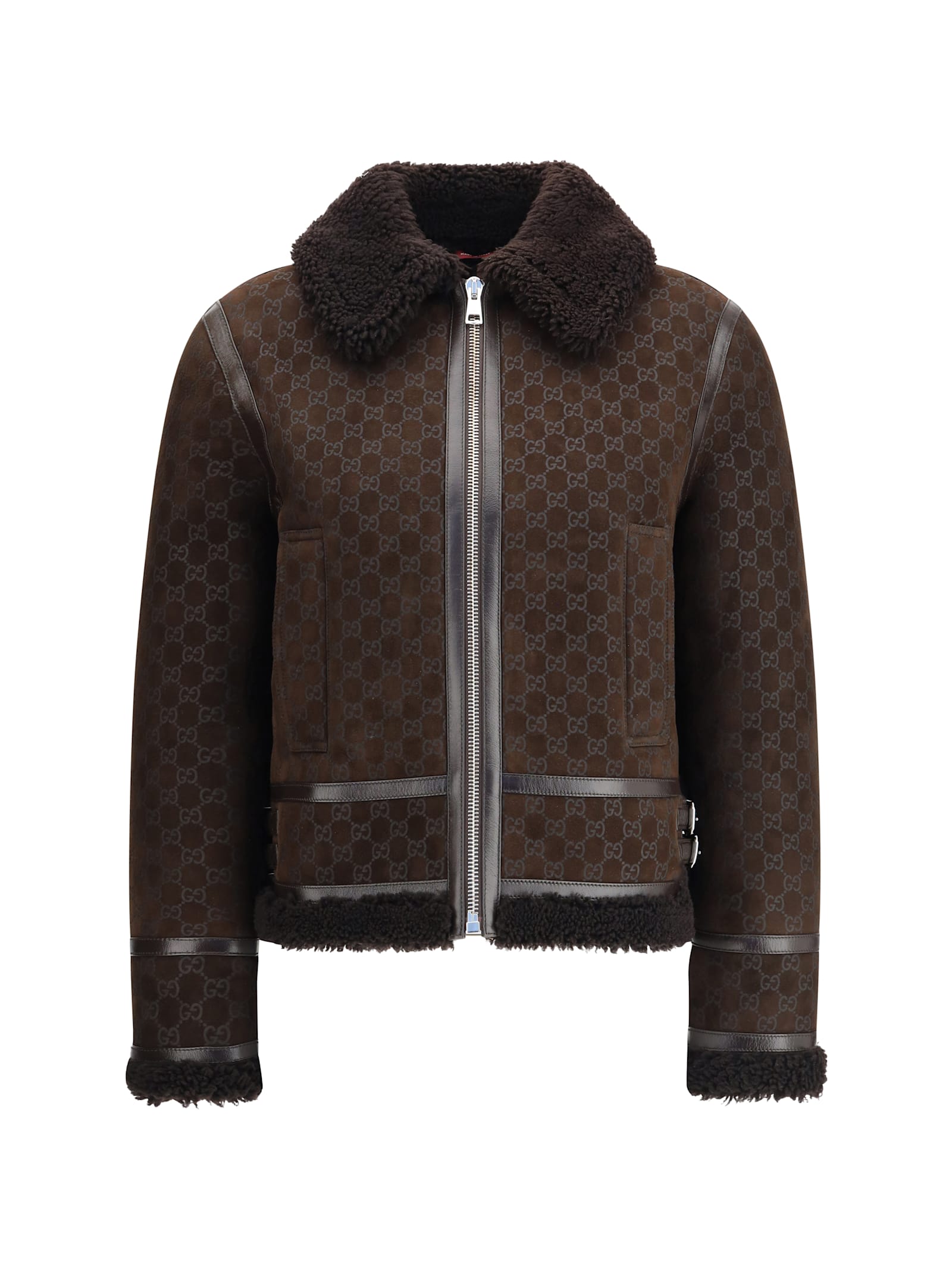 Gucci Women Brown Shearling Jacket With Shearling Trims And All-over Gg Motif In Suede Woman In Brown