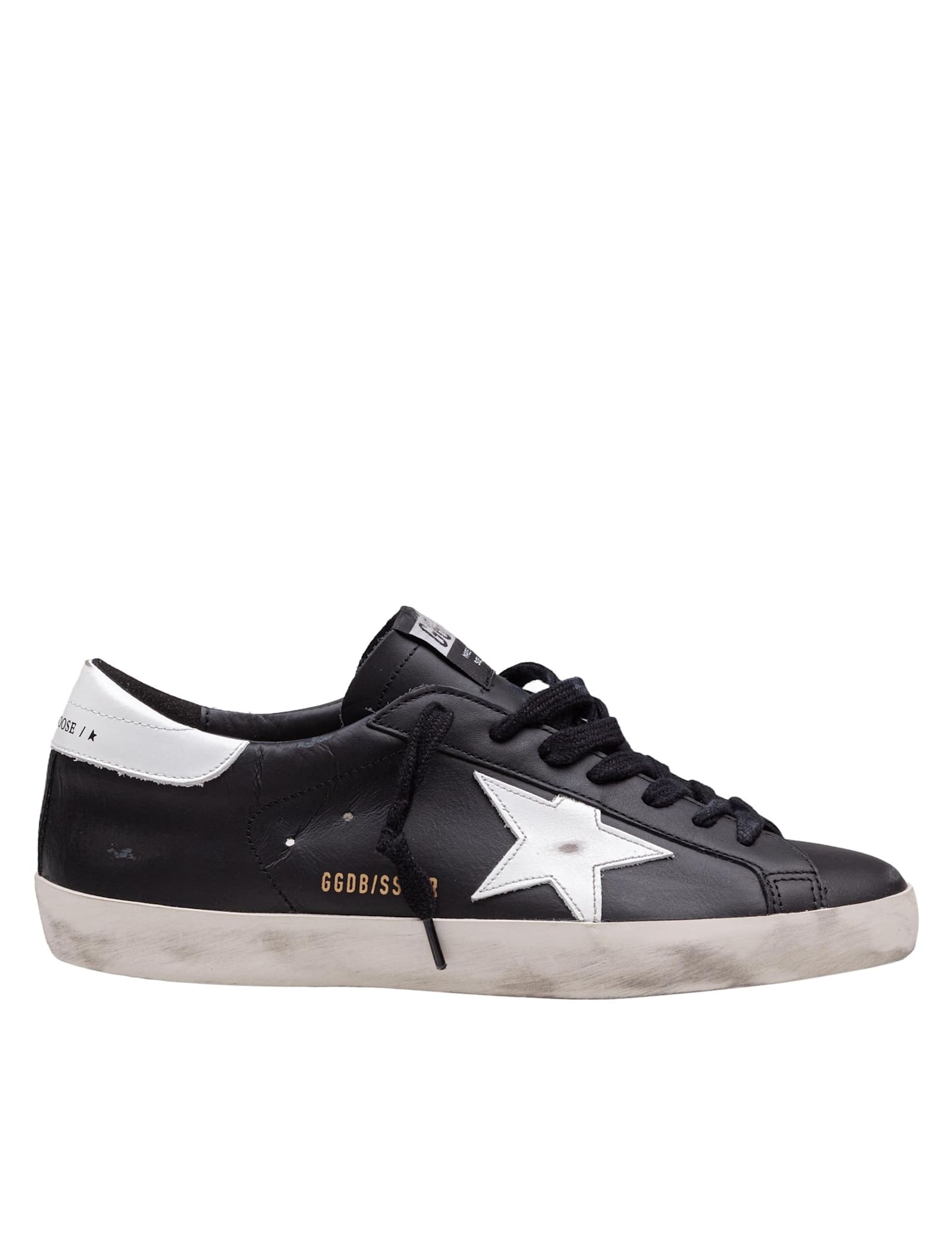 Golden Goose 'super-star' Black Low Top Sneakers With Logo Patch And Suede Details In Leather Man In Black