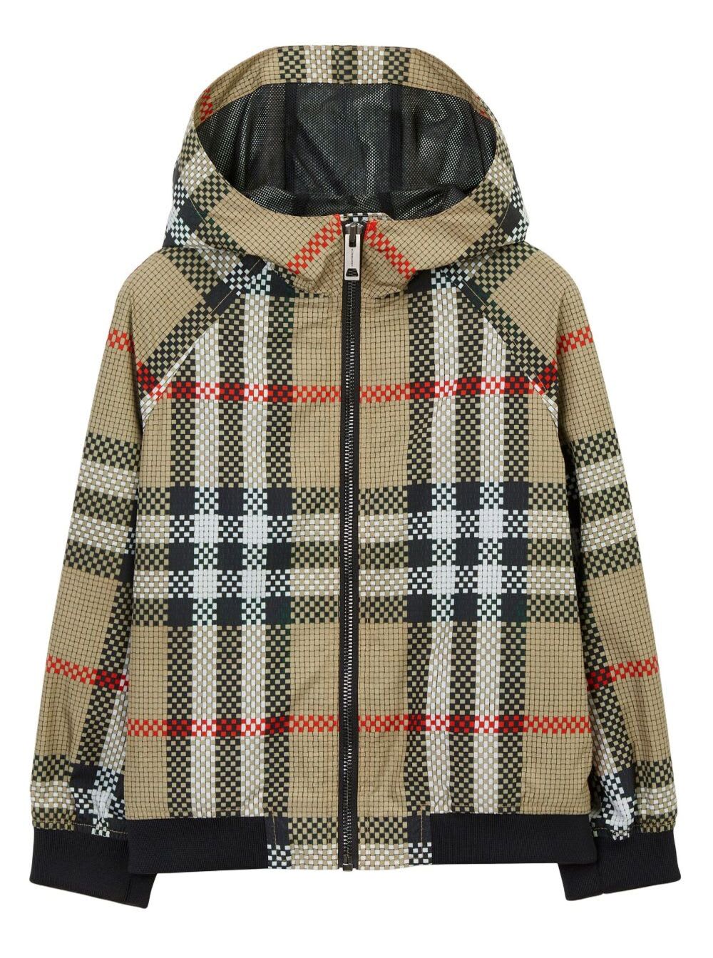 Shop Burberry Troy Beige Hooded Jacket With Vintage Check Print In Nylon Boy