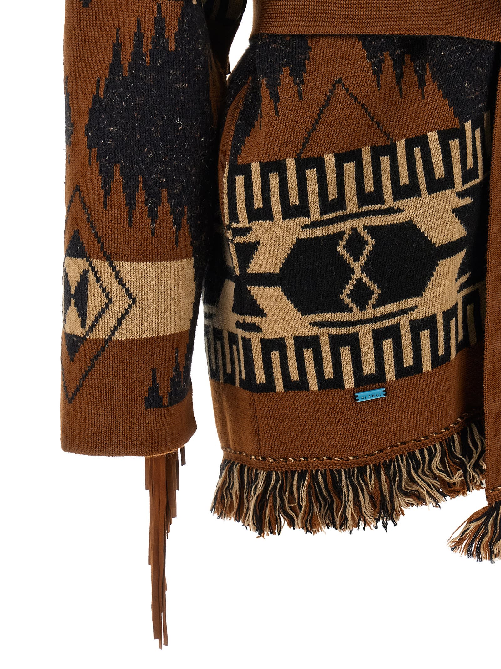Alanui Icon Jacquard Fringe Belted Cashmere Cardigan In Multi