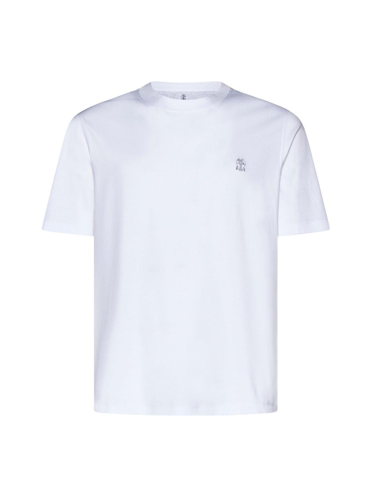 Shop Brunello Cucinelli Logo Embroidered Crewneck T-shirt In White
