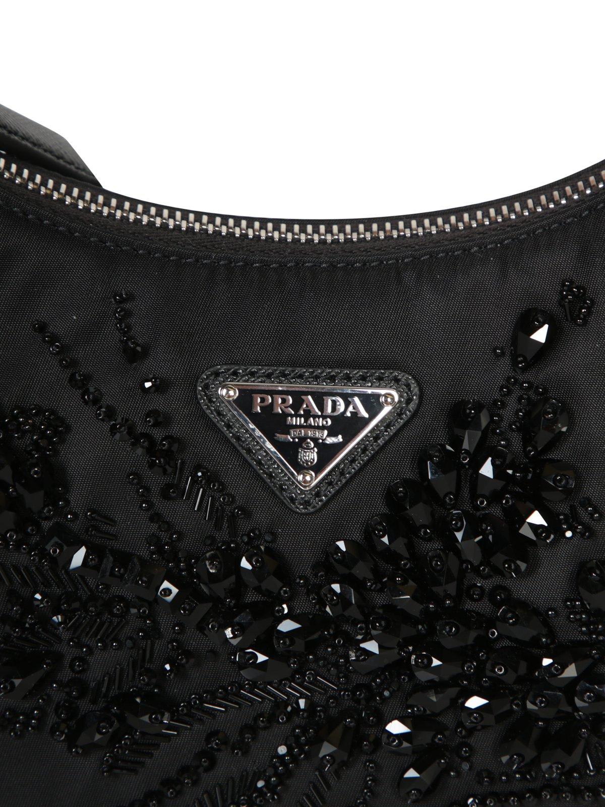 Prada Embellished Zipped Shoulder Bag In Black