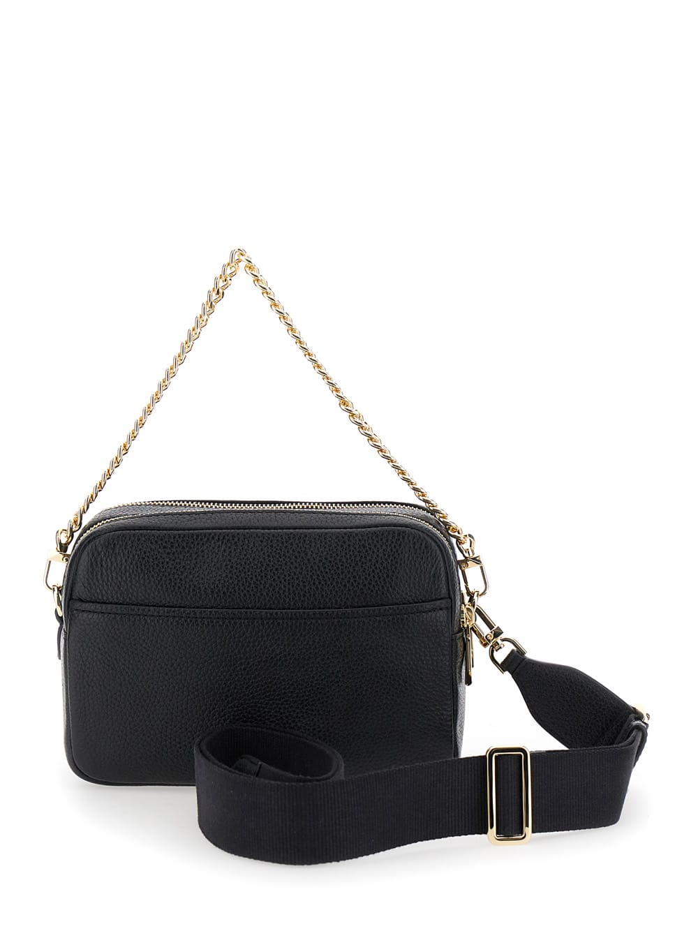 MICHAEL KORS BRYANT BLACK SHOULDER BAG WITH LOGO LETTERING ON THE FRONT AND CHAIN SHOULDER STRAP IN HAMMERED LEAT