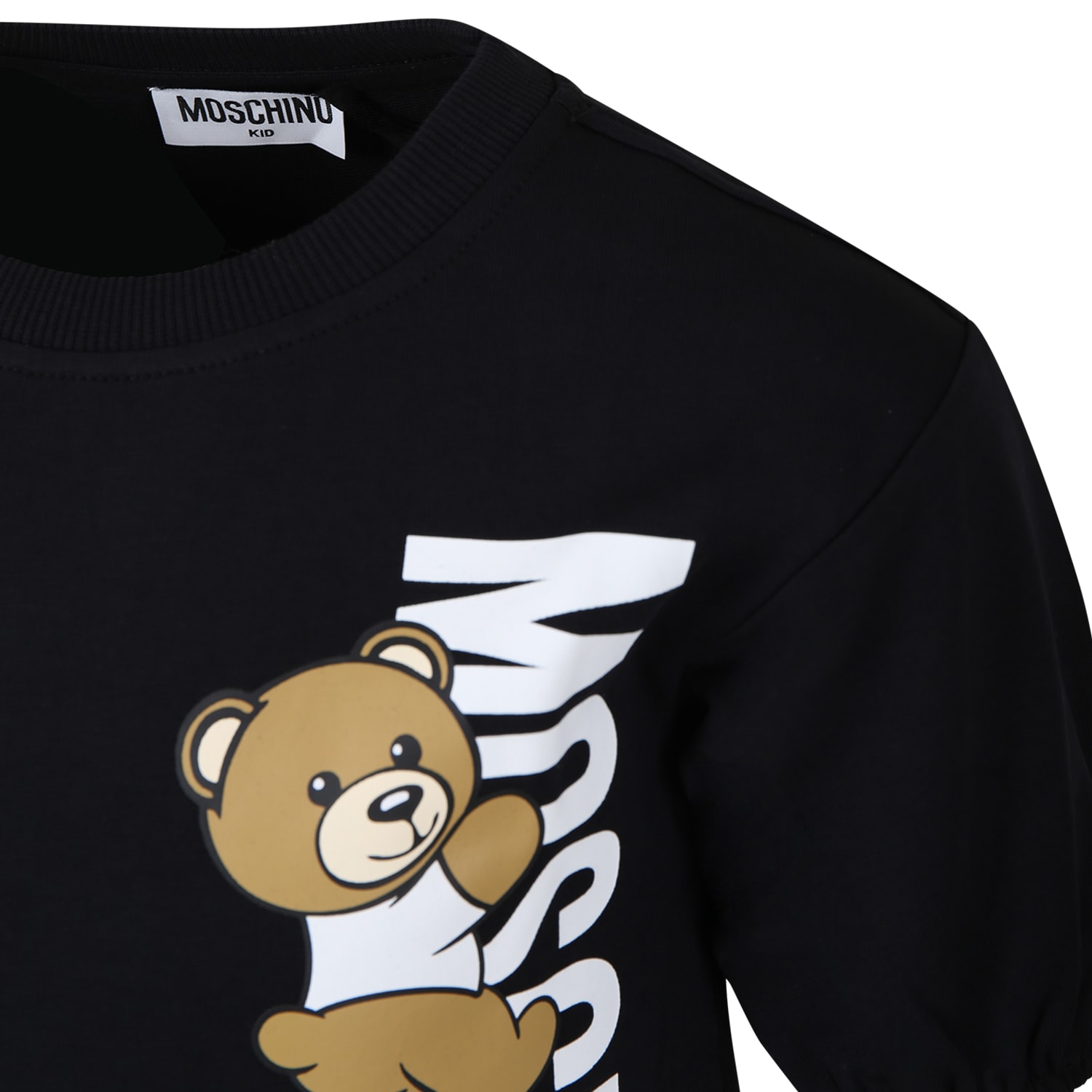 Shop Moschino Black Dress For Girl With Teddy Bear And Logo