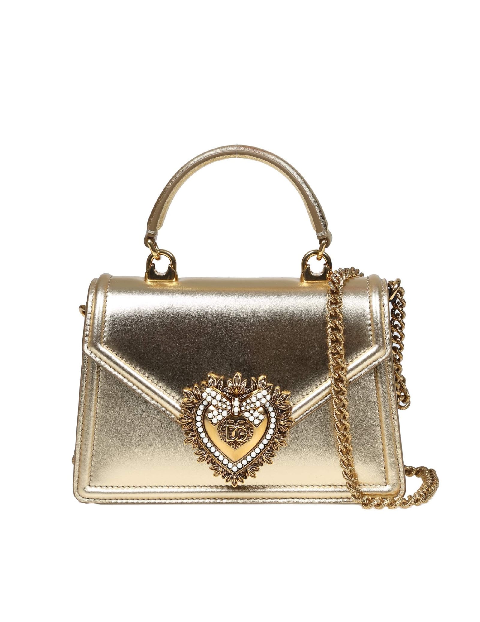Shop Dolce & Gabbana Small Devotion Handbag In Gold Nappa