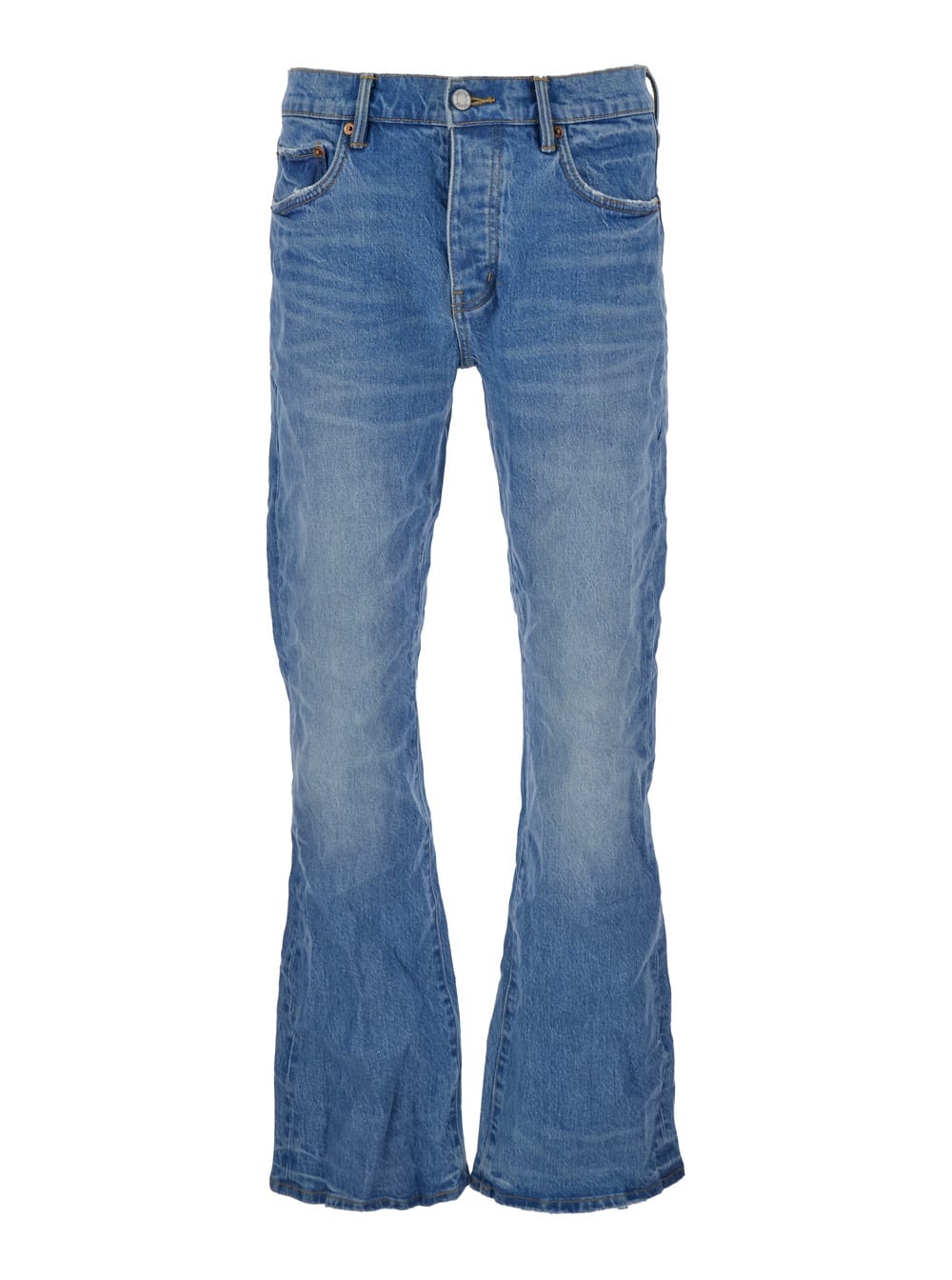 Blue Flared Jeans With Crinkled Effect In Stretch Cotton Denim Man