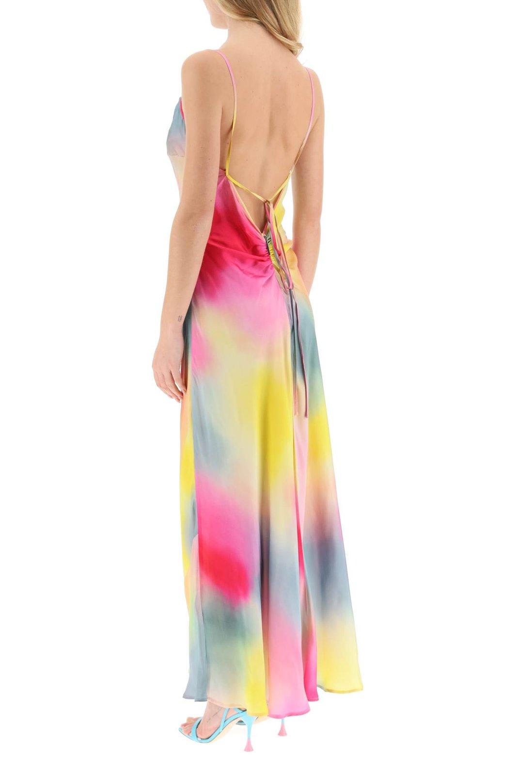 Shop Msgm Watercolour Cowl Neck Maxi Dress In Pink/yellow