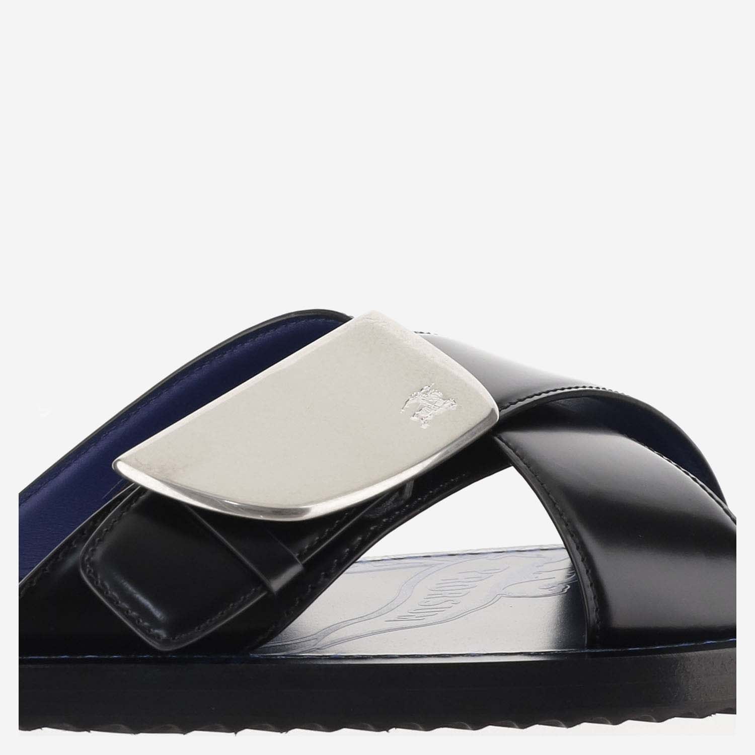 Shop Burberry Strip Shield Leather Slippers