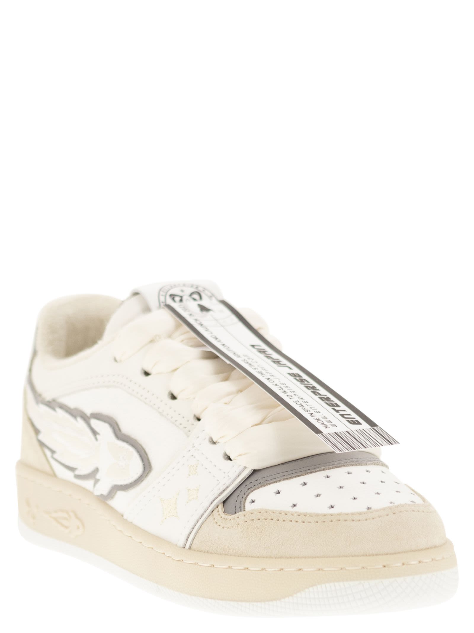 Shop Enterprise Japan Ej Egg Rocket - Leather Trainers With Logo In White/grey