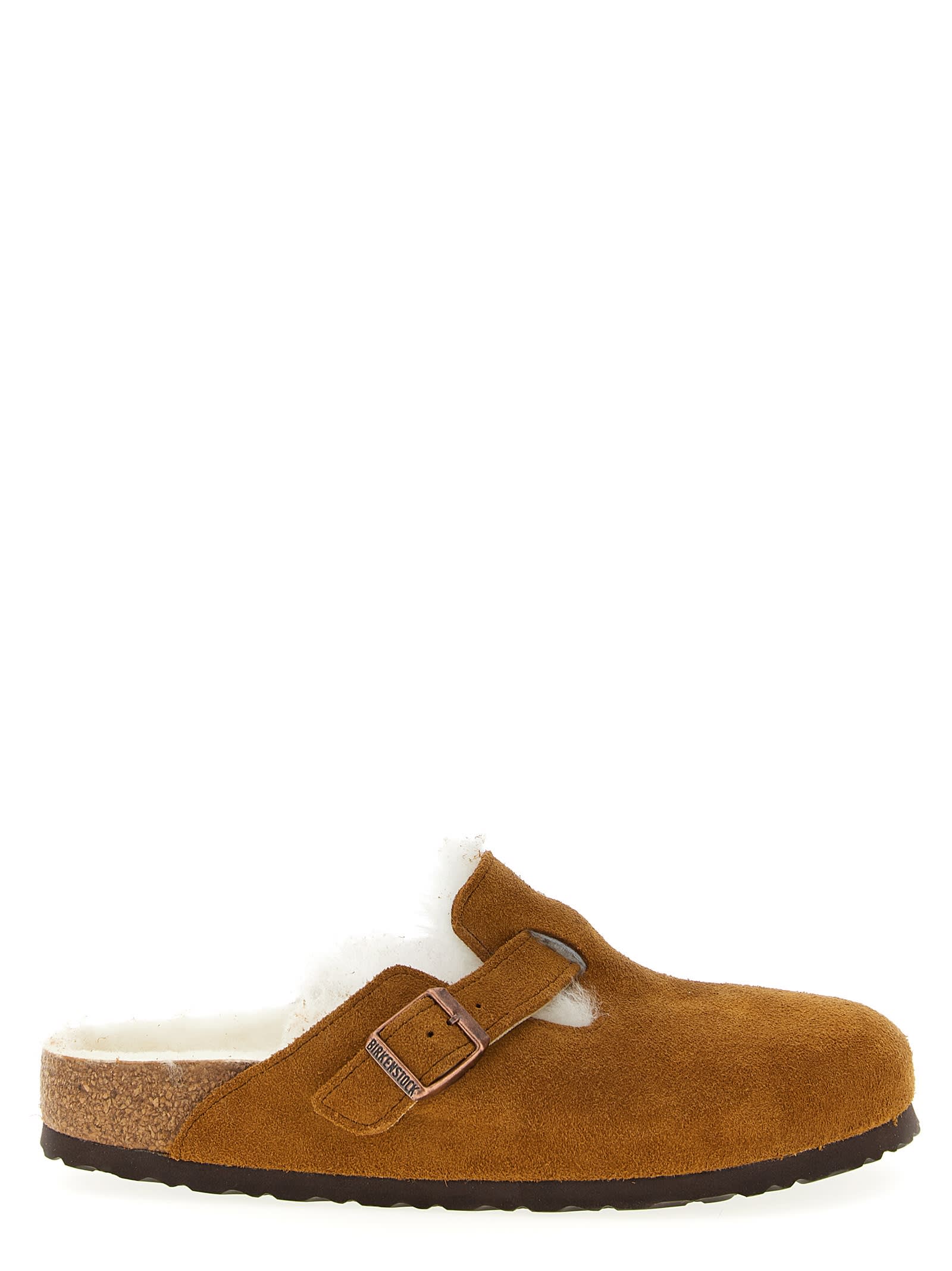 Birkenstock Boston Shearling Buckled Mules In Brown