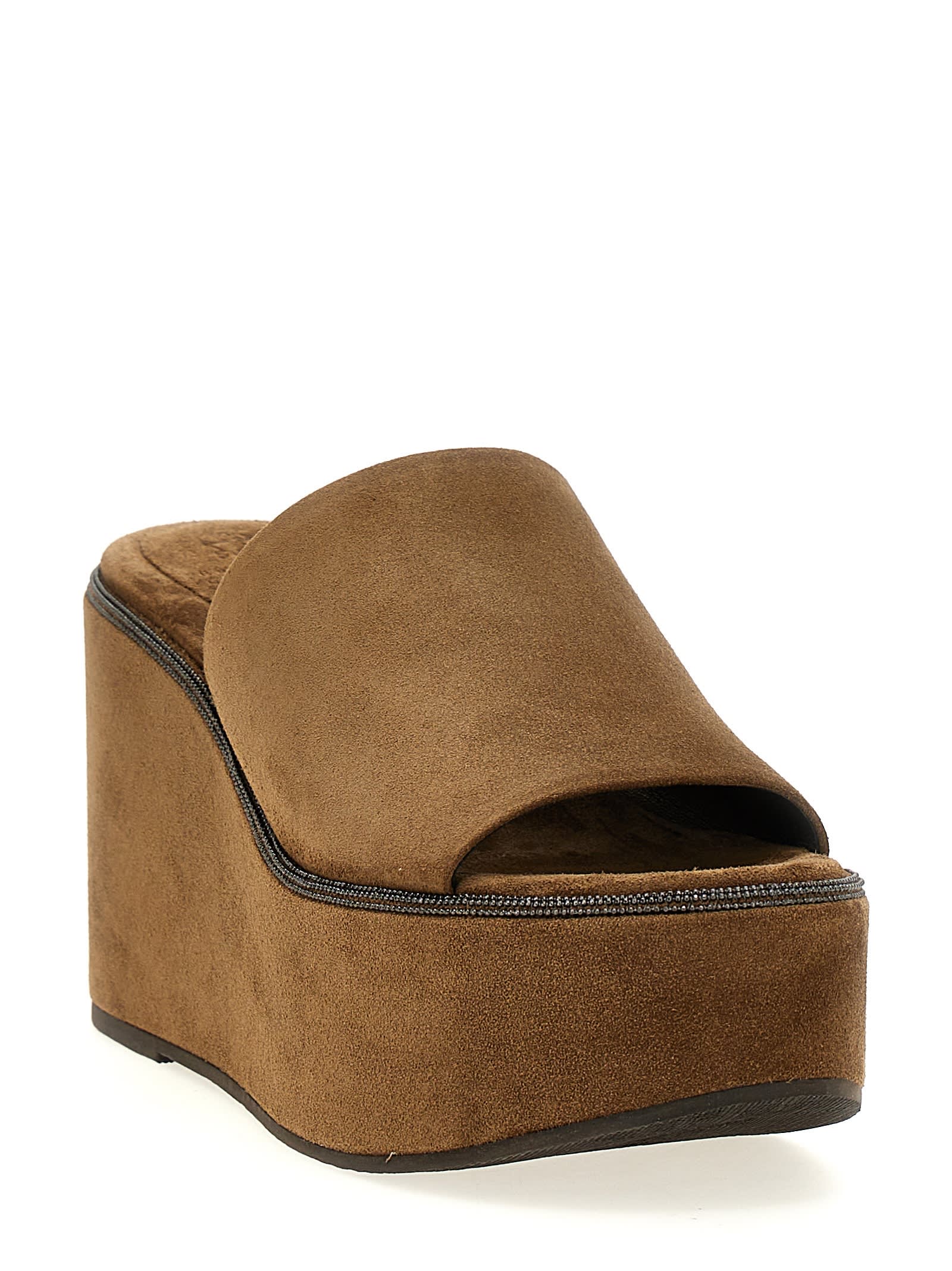 Brunello Cucinelli Brown Monile Wedges In Beige