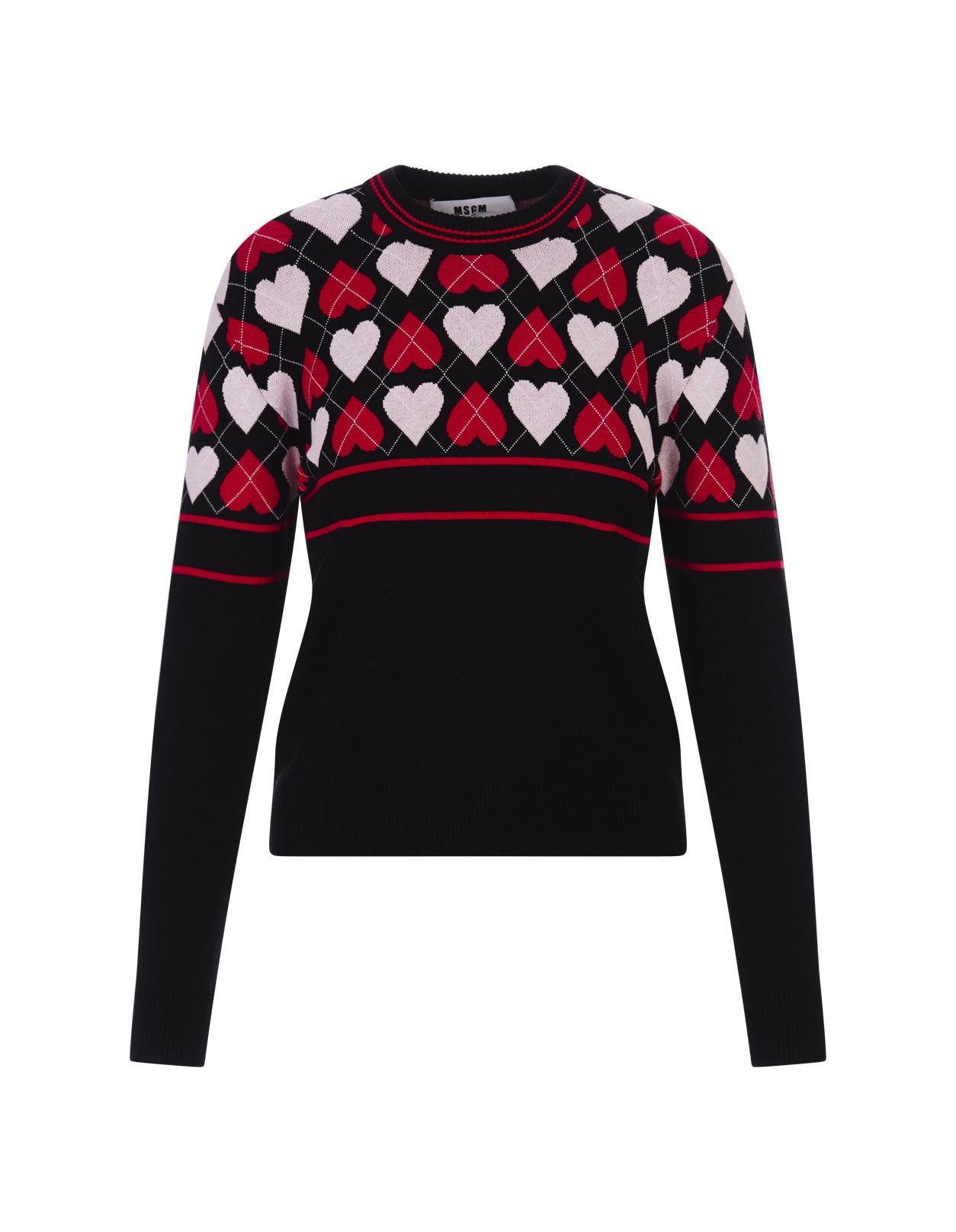 MSGM BLACK SWEATER WITH ACTIVE HEARTS MOTIF