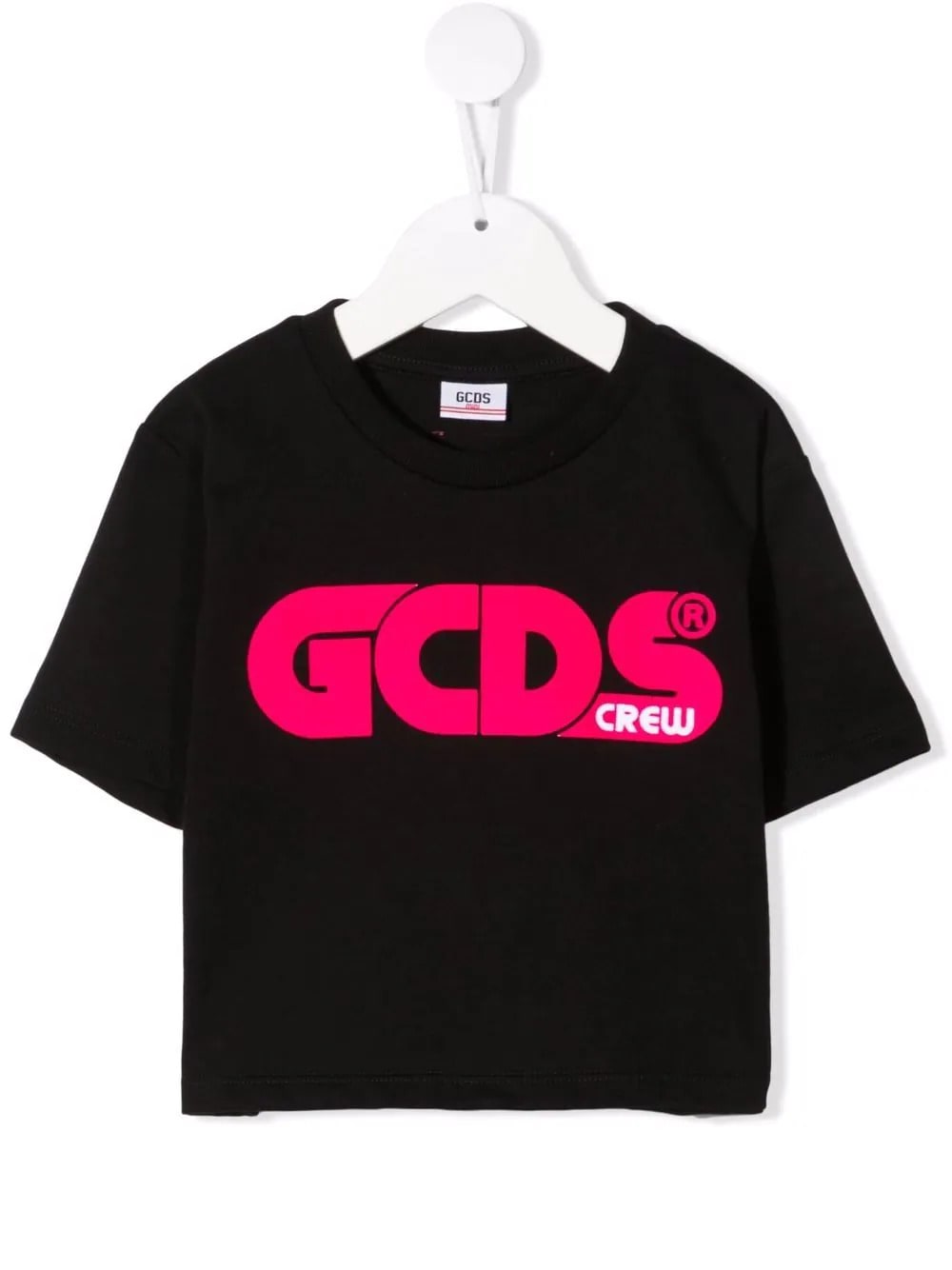 GCDS Mini Kids Black Crop T-shirt With Pink Fluo Logo
