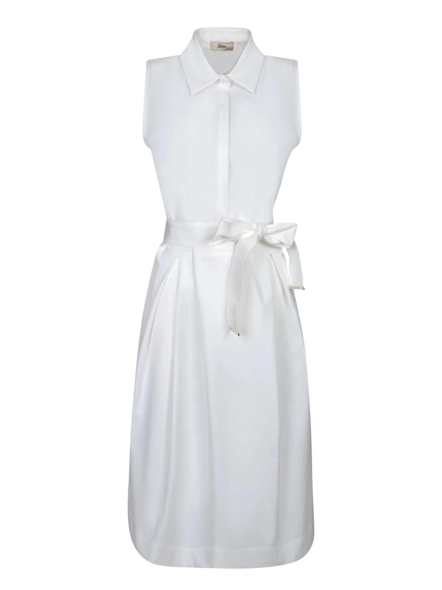 White Sleeveless Dress With Classic Collar And Adjustable Belt In Tech Fabric Stretch Woman