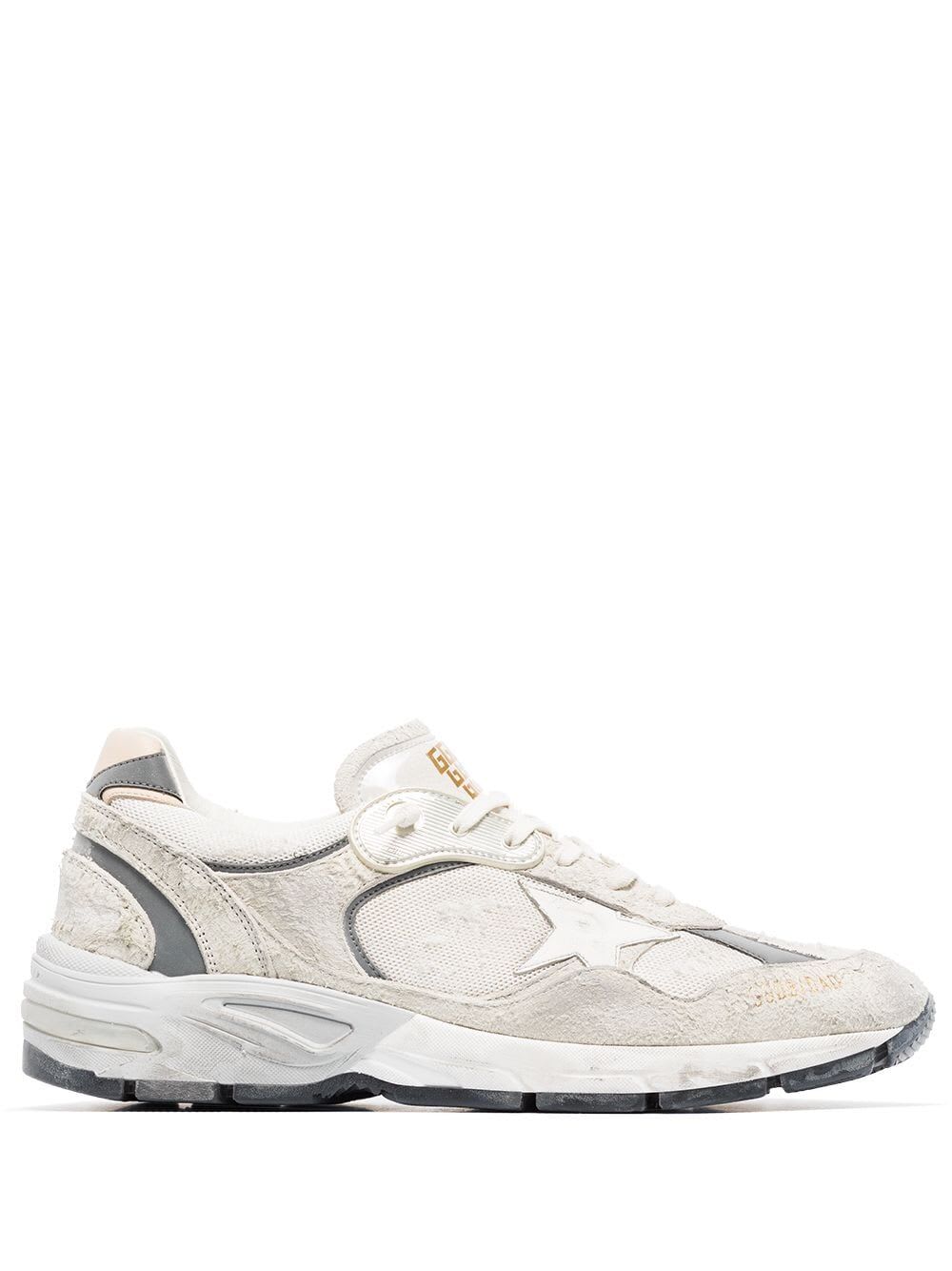 Shop Golden Goose Running Dad Net And Suede Upper Leather Star And Heel Suede Spur In White Silver