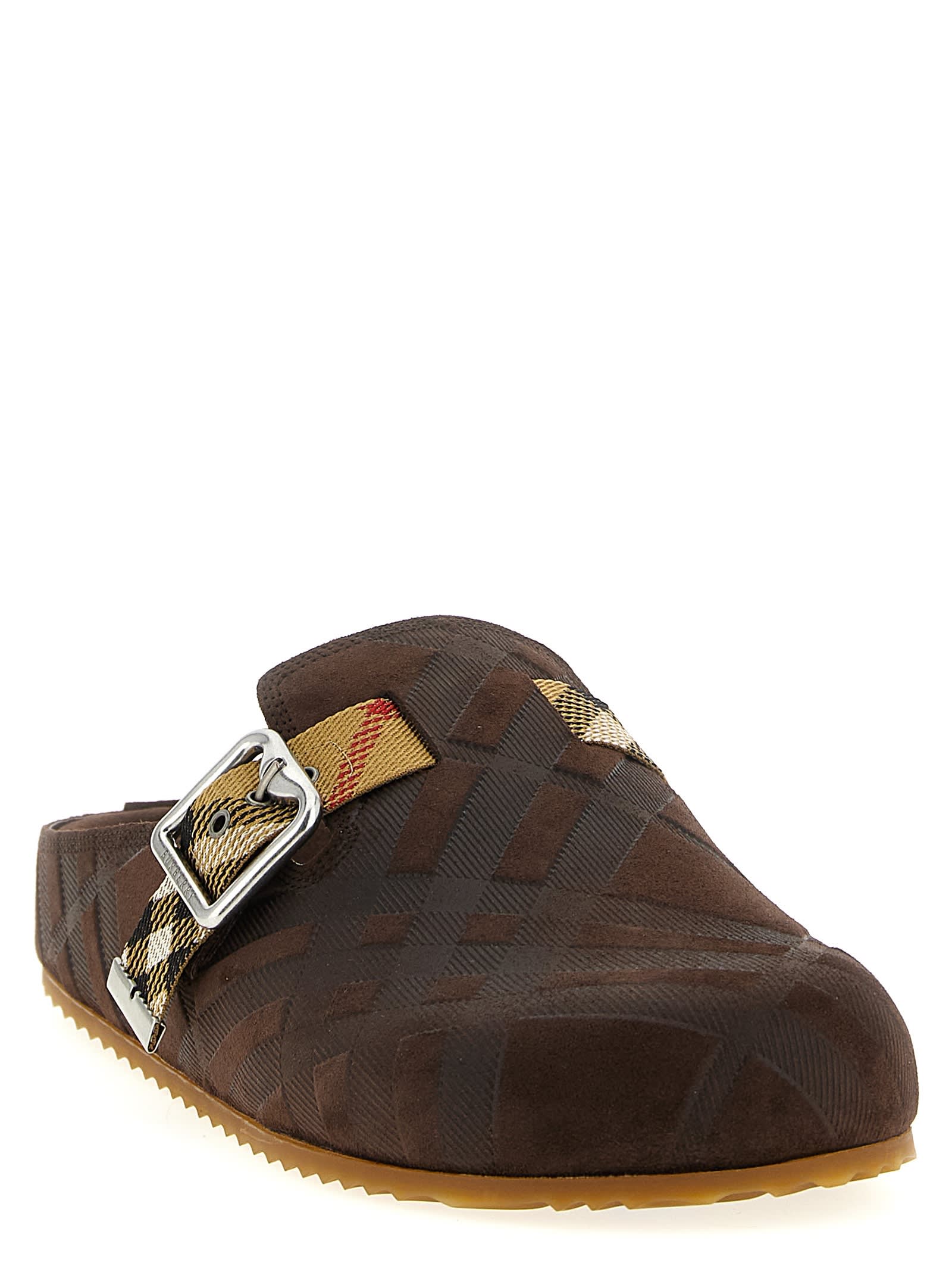 Burberry Strap Patterned Round Toe Rubber Sole Slip-on In Brown