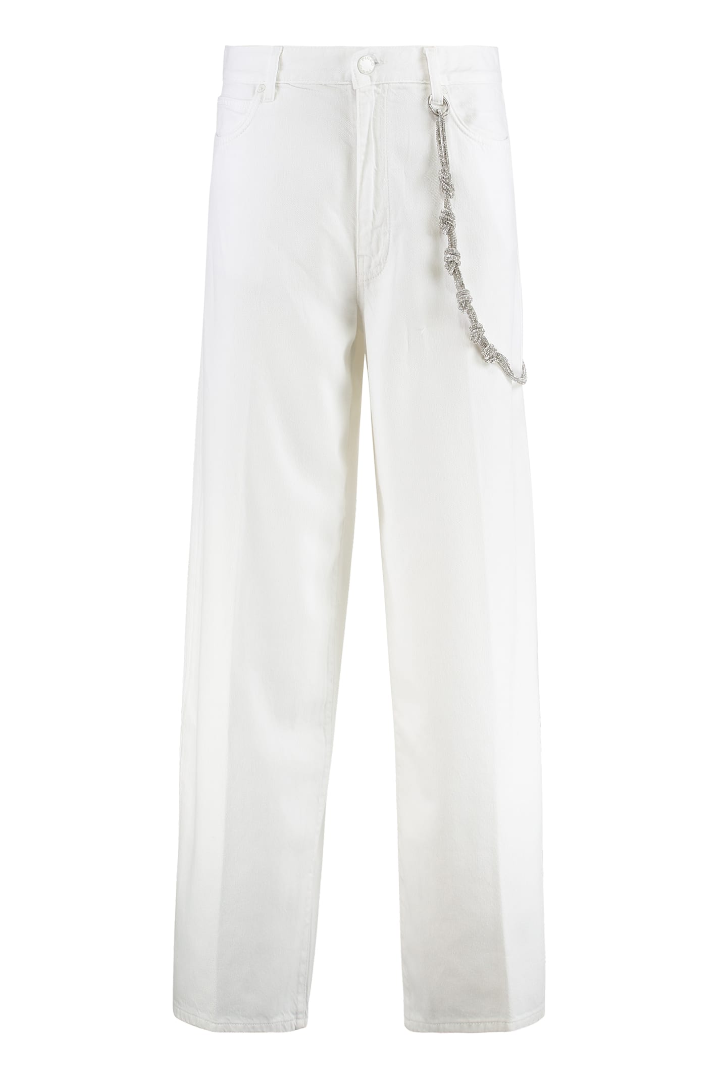 Pinko White Pants With Logo Patch On The Back And Chain Detail With Rhinestones