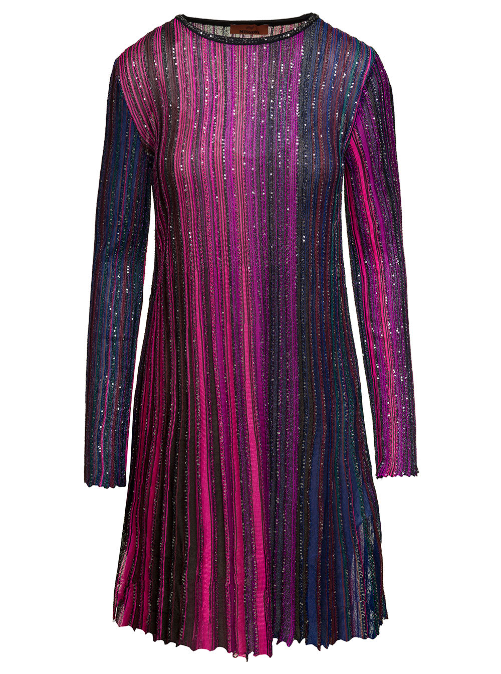 Multicolor Partialized Knit With Sequin Long Sleeves Mini Dress
