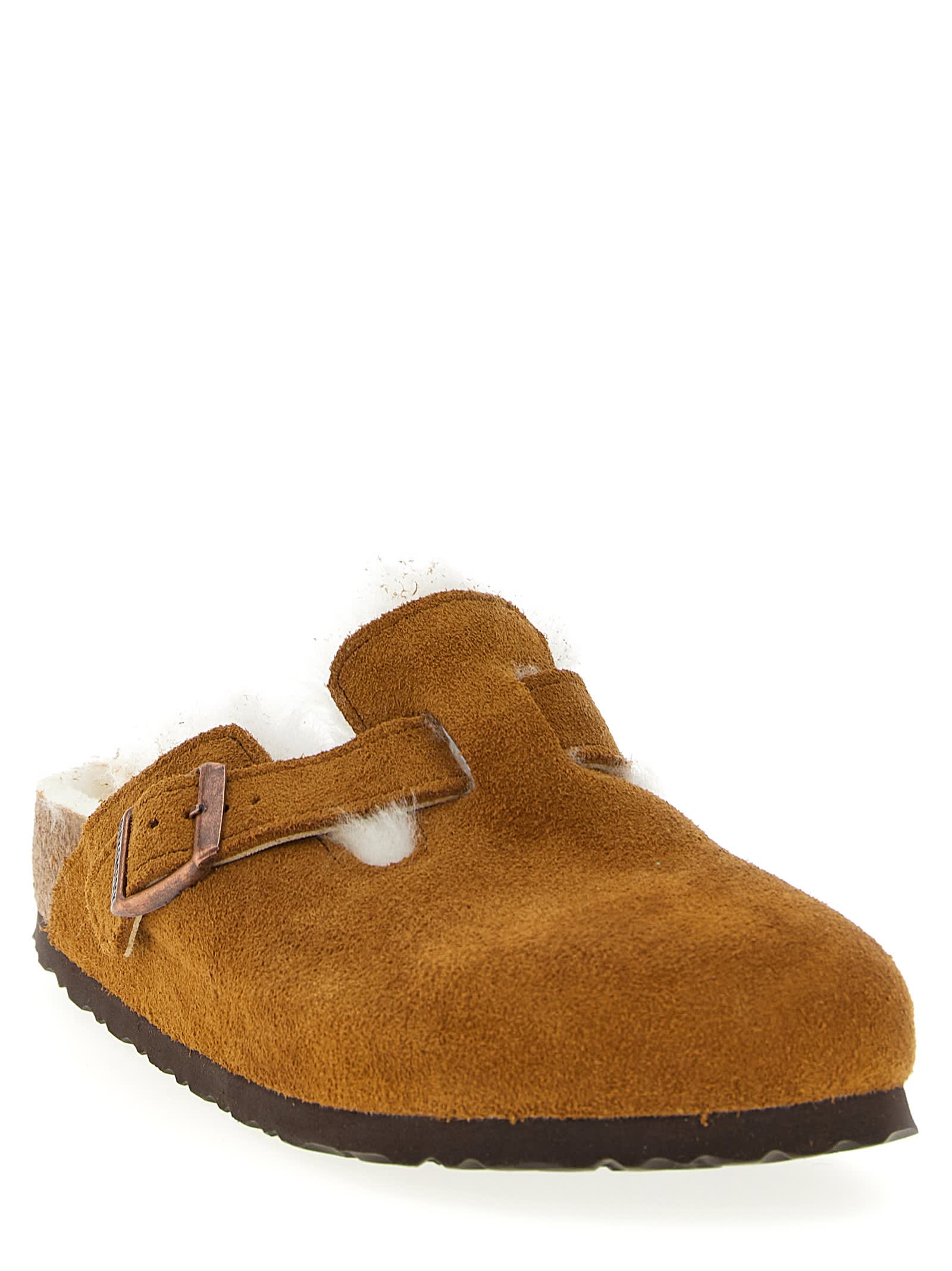 Birkenstock Boston Shearling Buckled Mules In Brown