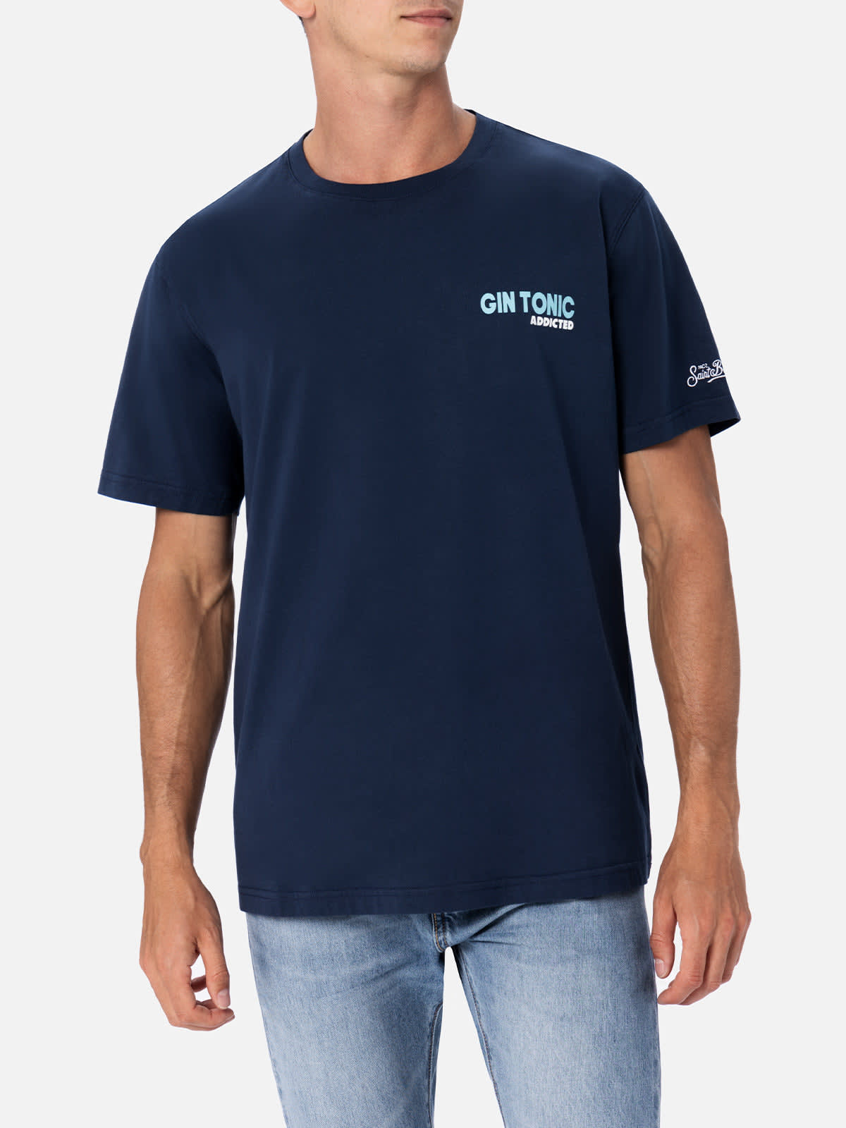 MC2 SAINT BARTH MAN COTTON T-SHIRT WITH GIN TONIC ADDICTED PLACED PRINT