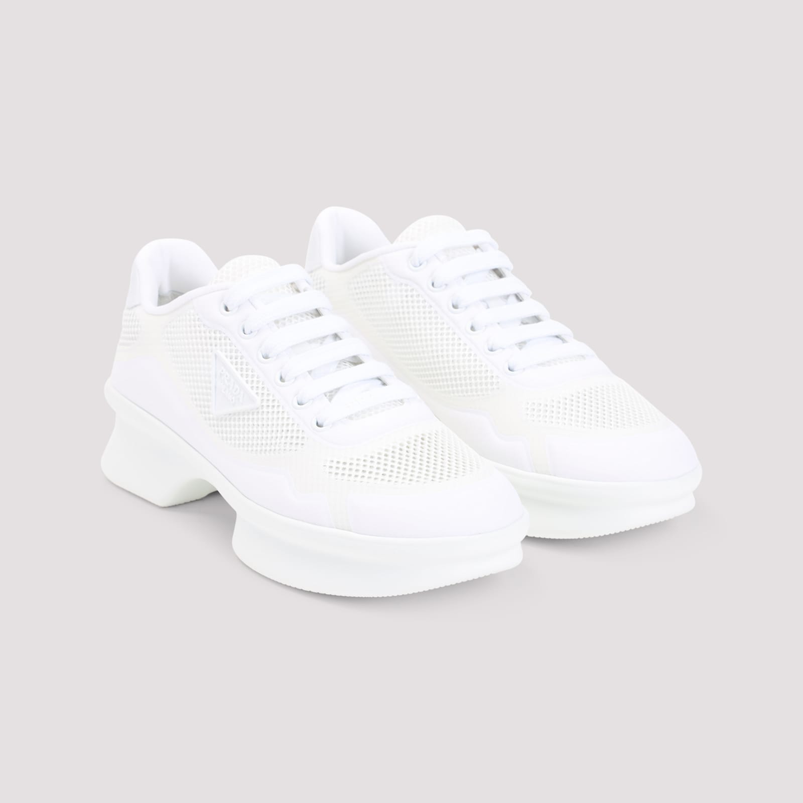 Prada Almond Toe Lace-up Rubber Sole Sneakers In White
