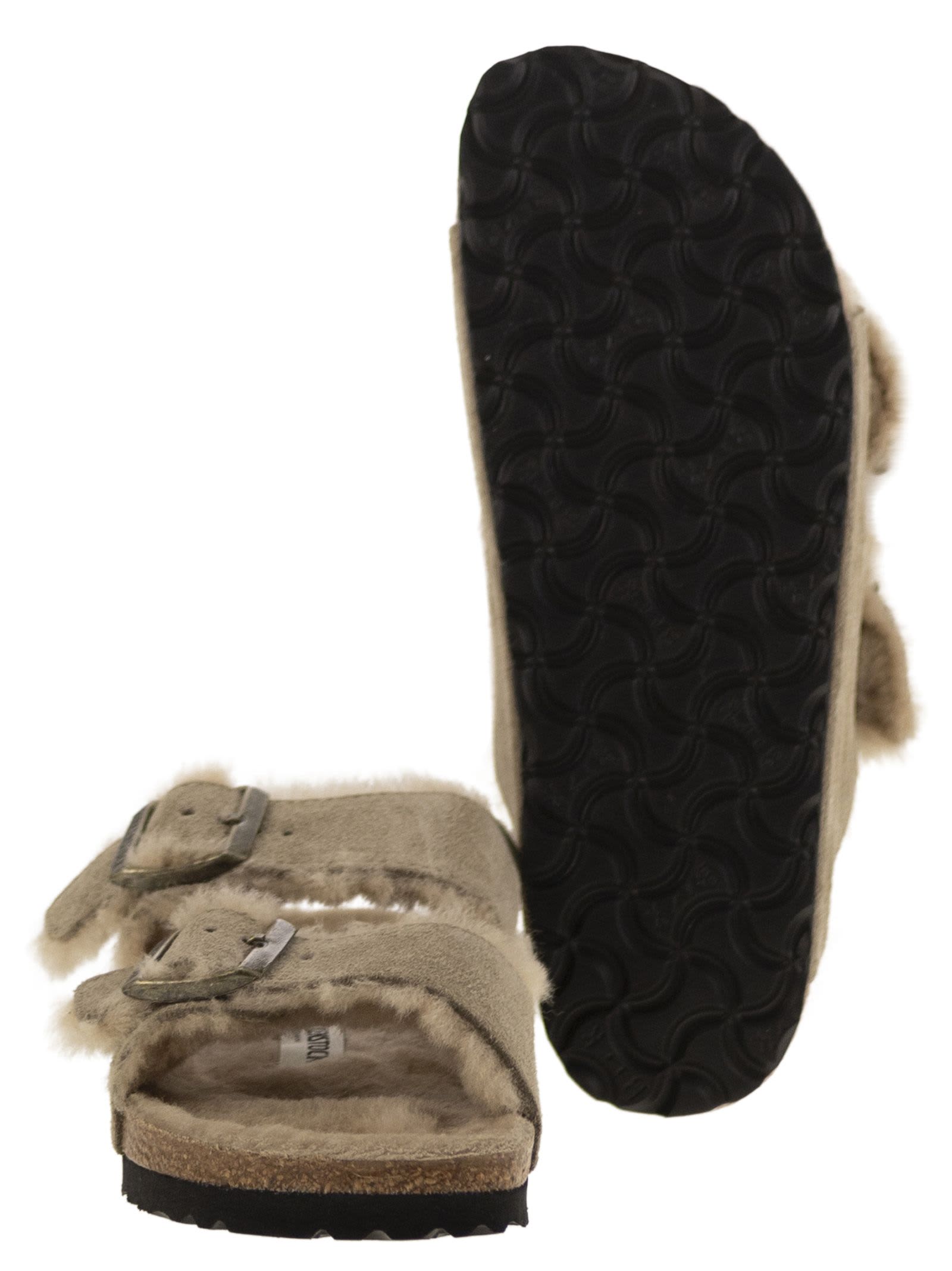 Shop Birkenstock Arizona - Suede Lamb Fur Slipper In Turtledove