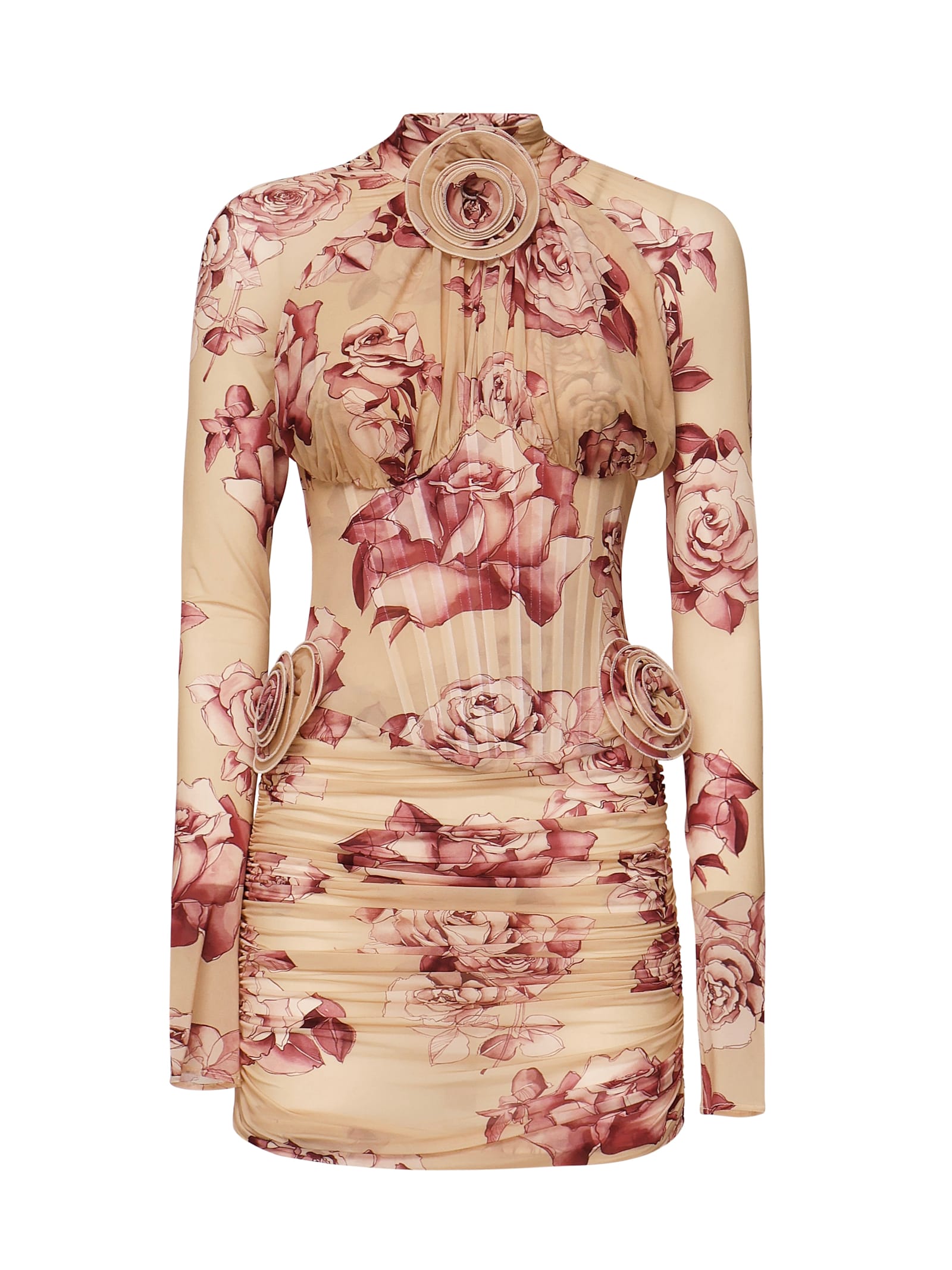 Magda Butrym Long-sleeved Transparent Midi Bustier Dress With Beige Print
