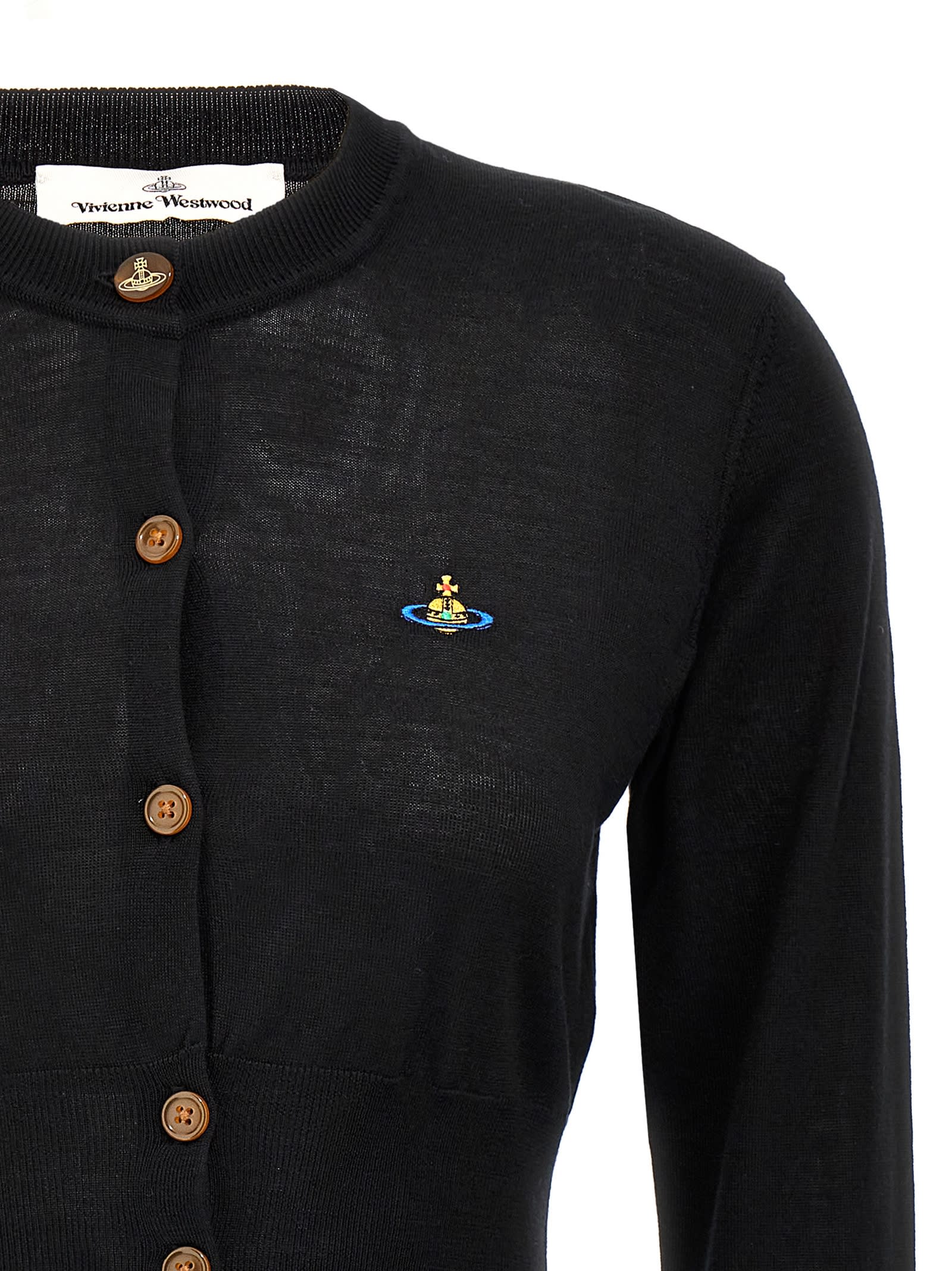 Vivienne Westwood Bea Black Cropped Cardigan With Round Neck And Front Orb Embroidery In Cotton Woman In Black