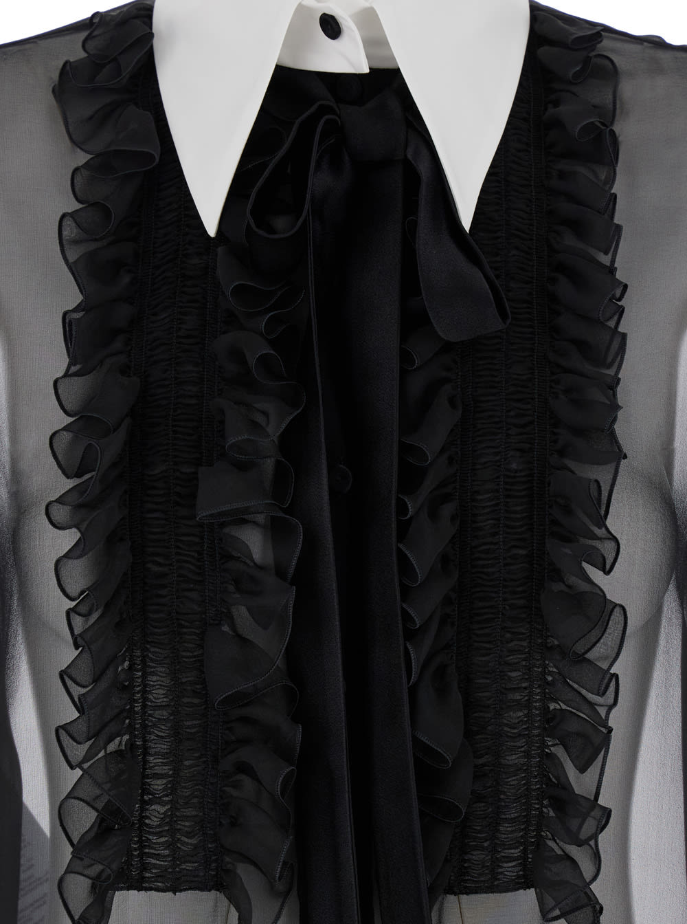 Shop Alberta Ferretti Black Shirt With Pointed Collar And Ruffle In Chiffon Woman