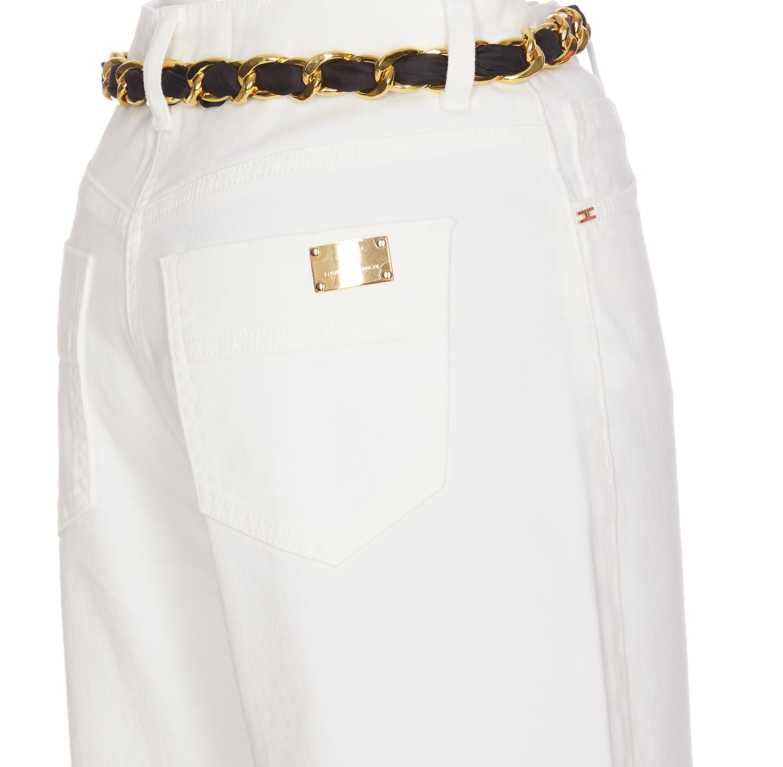 Shop Elisabetta Franchi Cropped Wide Jeans With Chain Belt In White