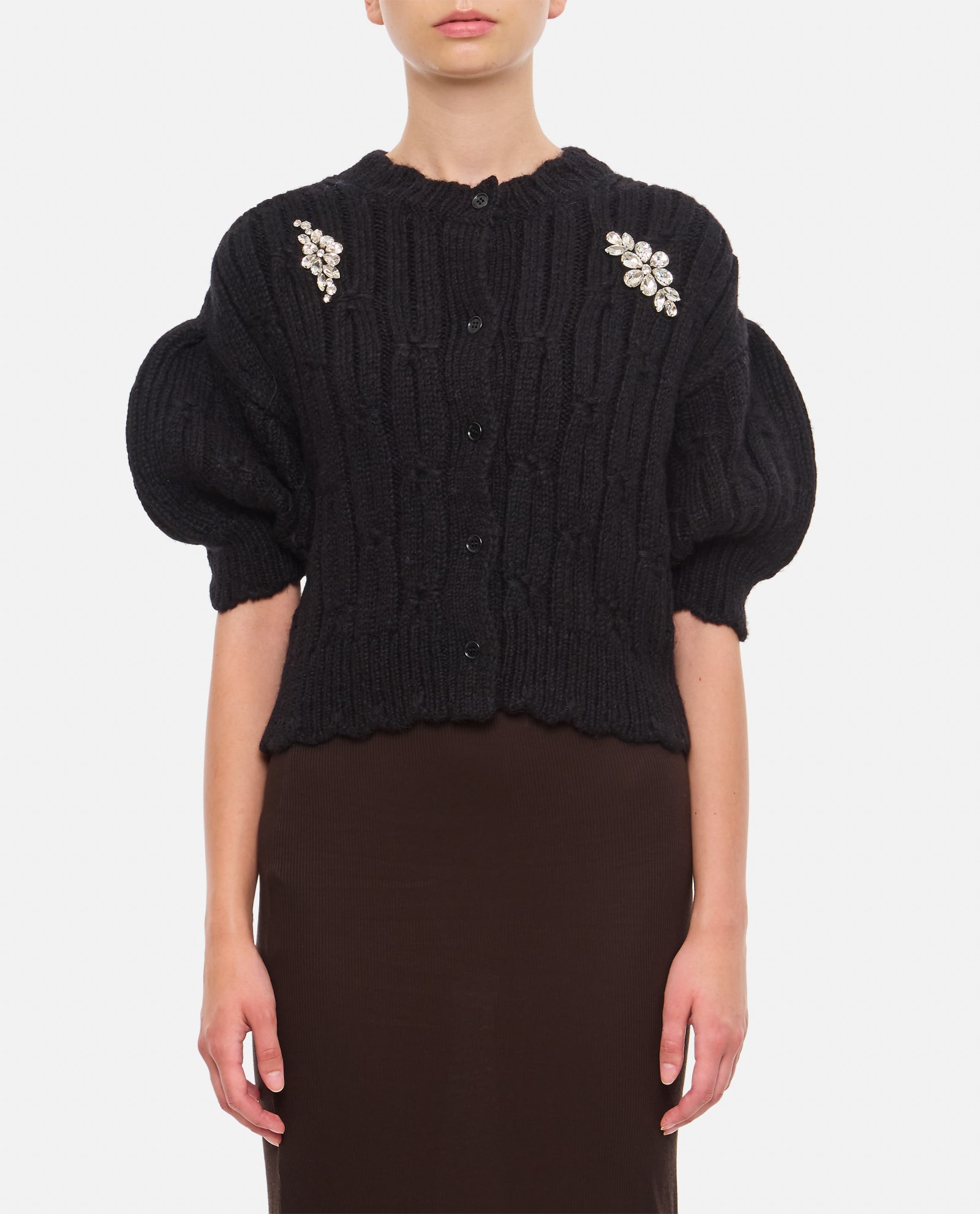 Shop Simone Rocha Cropped Chunky Knit Cardigan W/ Emb In Black