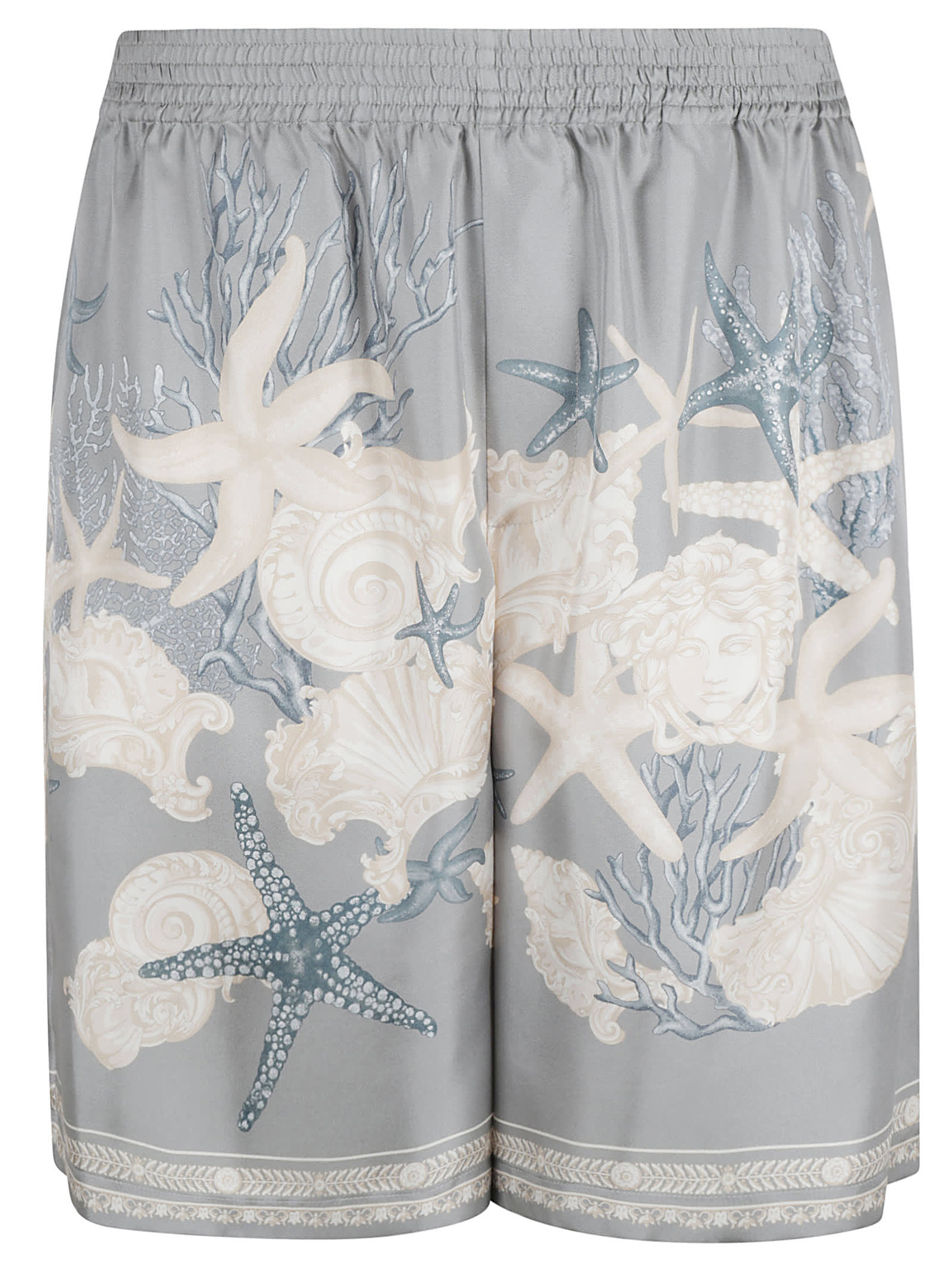 Shop Versace Silk Twill Printed Shorts In Cocrete+dusty Blue+bone