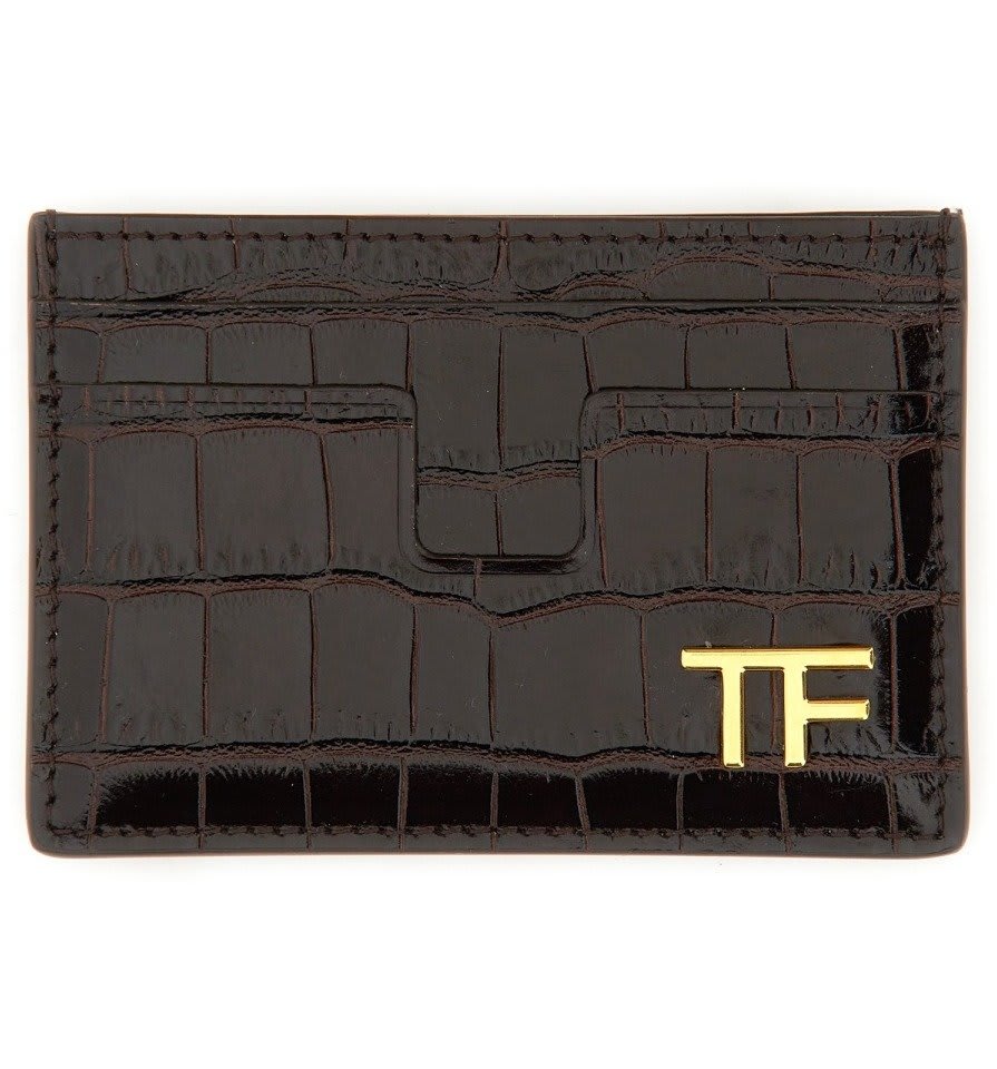 Shop Tom Ford Shiny Embossed Classic Tf Card Holder In Brown